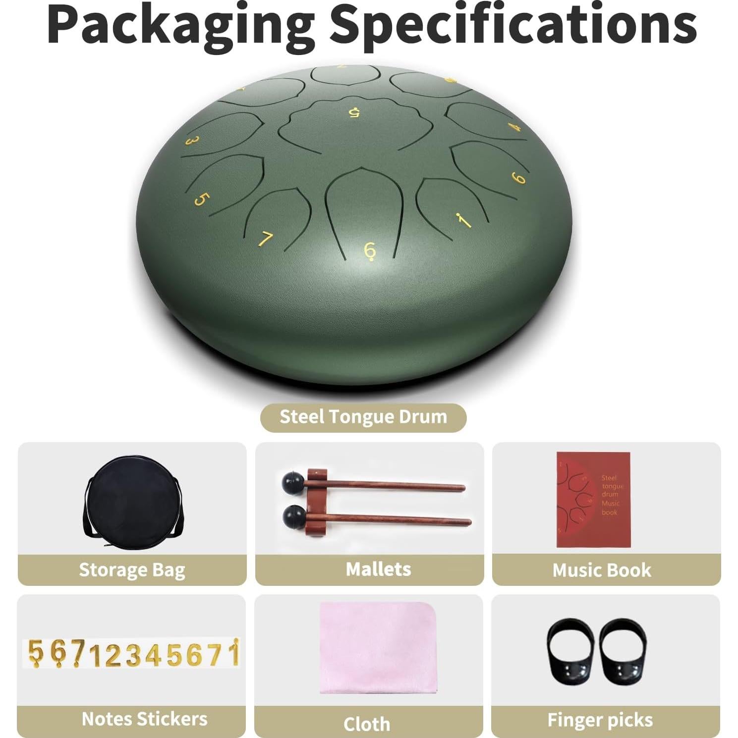 Tambor de Lengua de Acero 20 cm MENGBEI 11 Notas Verde