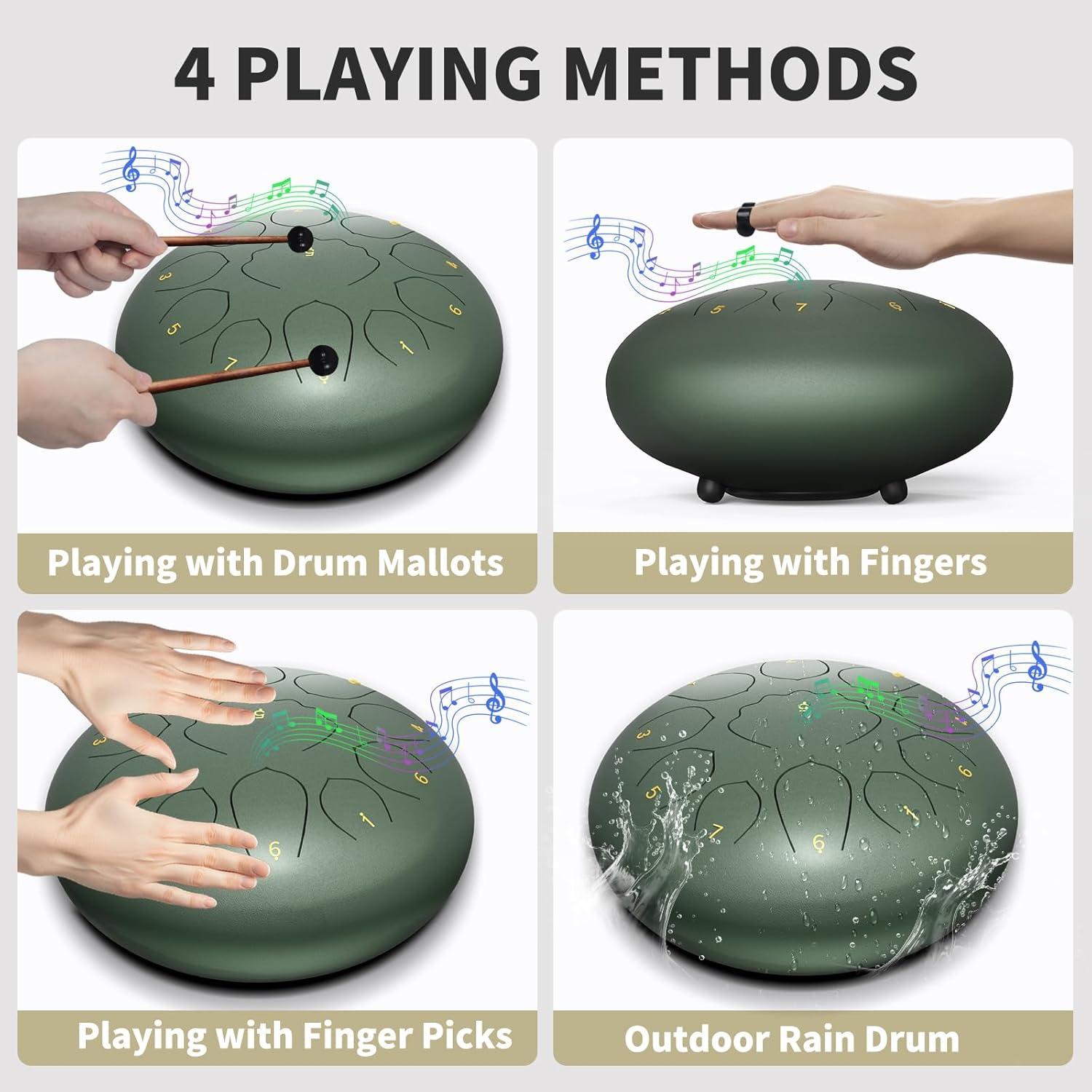 Tambor de Lengua de Acero 20 cm MENGBEI 11 Notas Verde