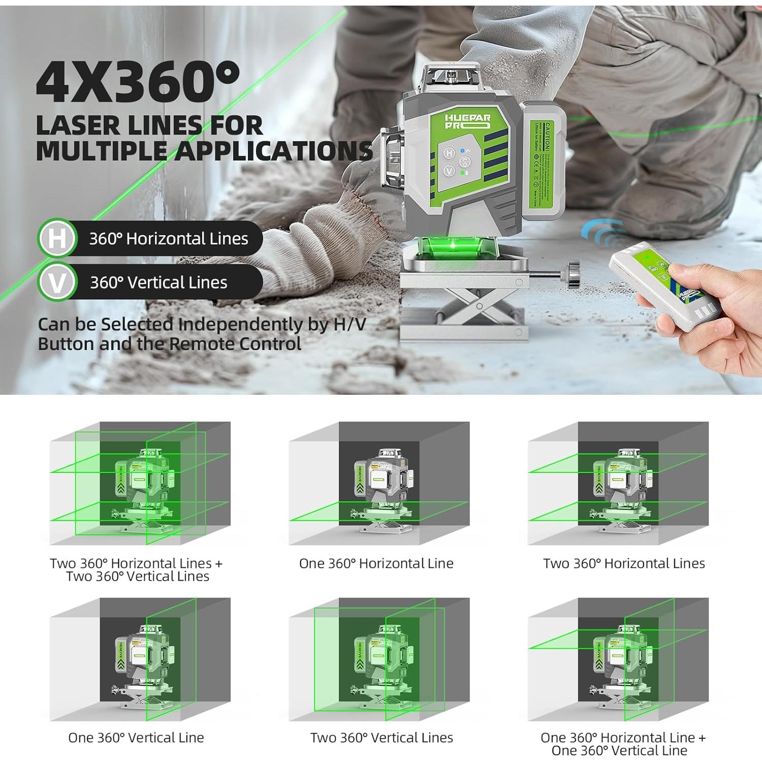 Nivel láser Huepar Pro ZK04CG 4D Verde 8000mAh Control Remoto