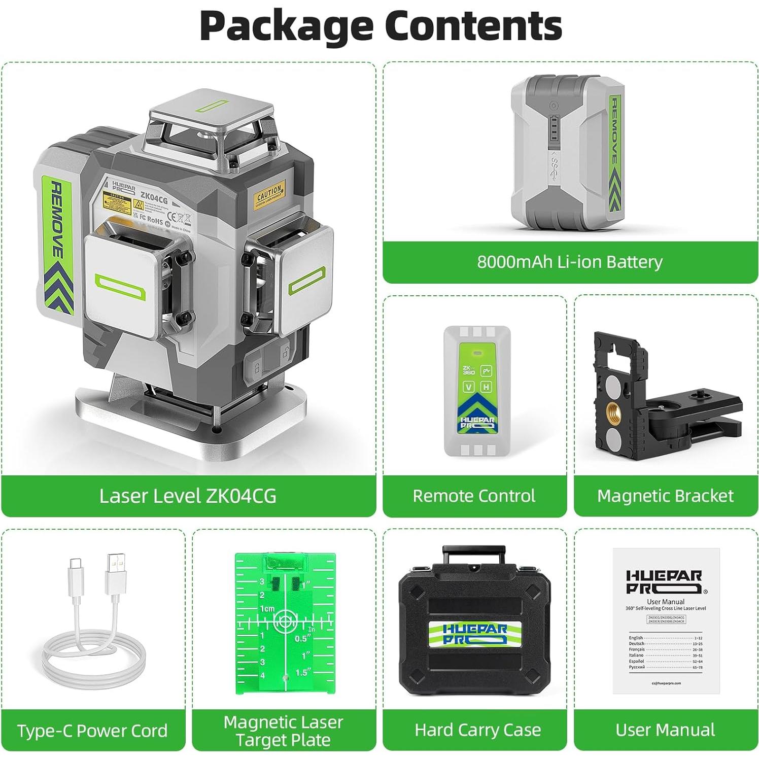 Nivel láser Huepar Pro ZK04CG 4D Verde 8000mAh Control Remoto