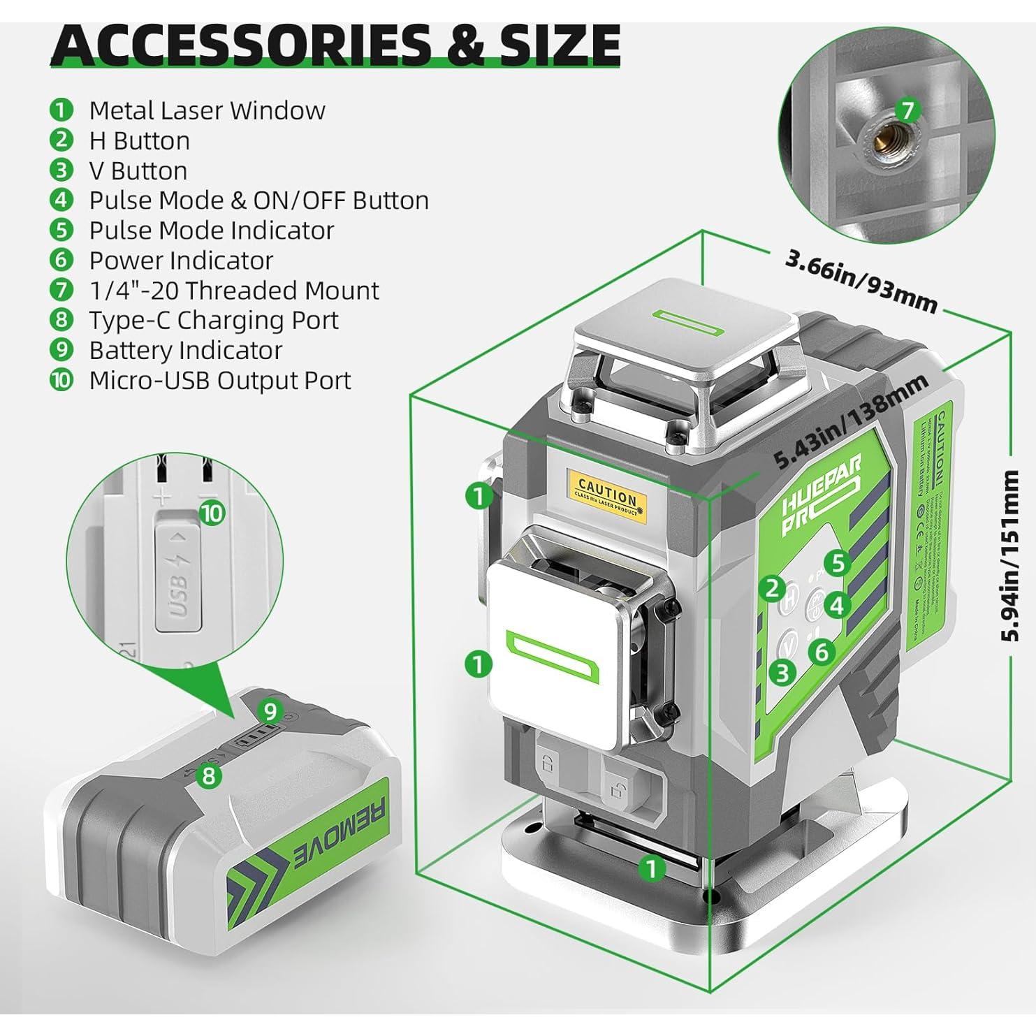 Nivel láser Huepar Pro ZK04CG 4D Verde 8000mAh Control Remoto