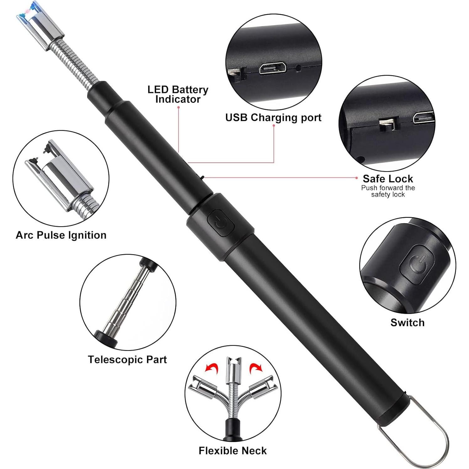 Encendedor Eléctrico Recargable Navpeak Cuello Largo 70cm Negro