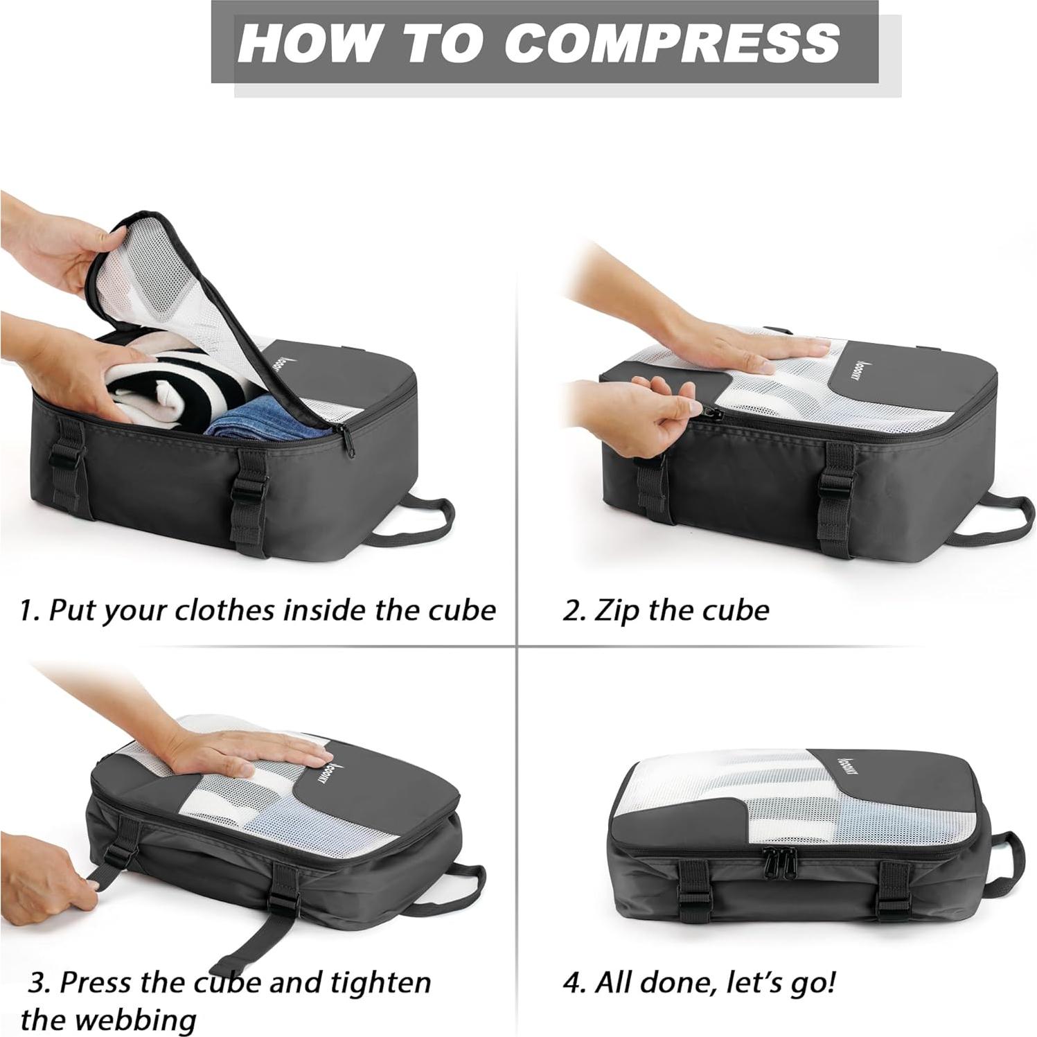 Cubos de Compresión COOSKY 6 Set Organizador de Ropa Negro