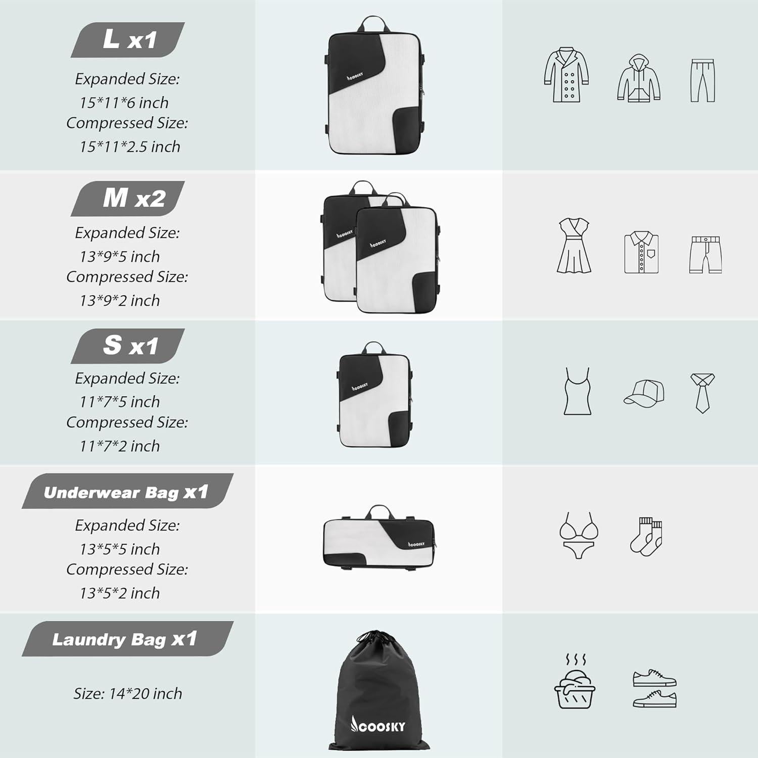 Cubos de Compresión COOSKY 6 Set Organizador de Ropa Negro