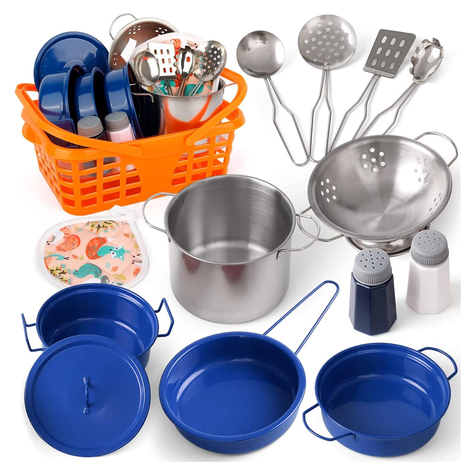 Kids Play Kitchen Toy Accessories Set Toddler Cooking Playset for Girls Boys Including Colorful Pots and Pans (Blue)