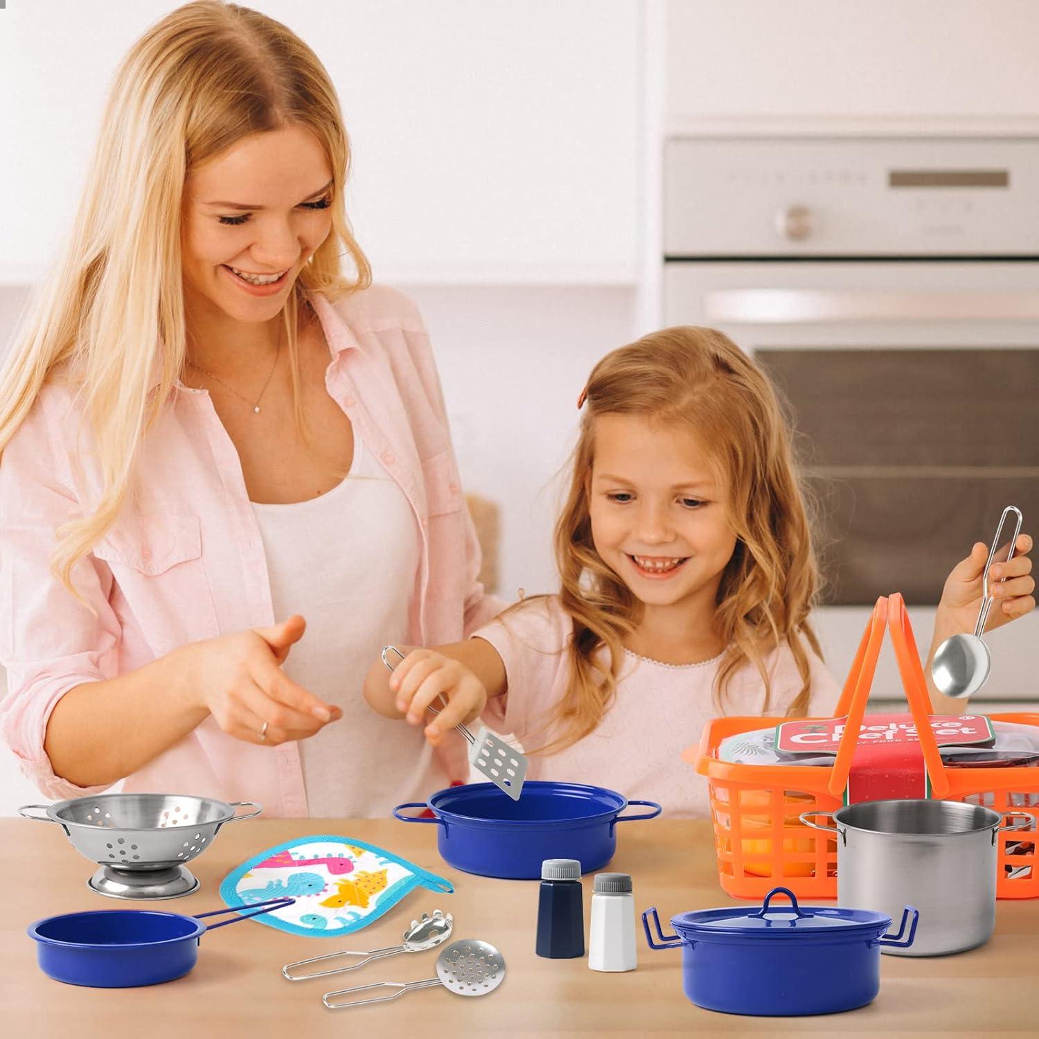 Kids Play Kitchen Toy Accessories Set Toddler Cooking Playset for Girls Boys Including Colorful Pots and Pans (Blue)