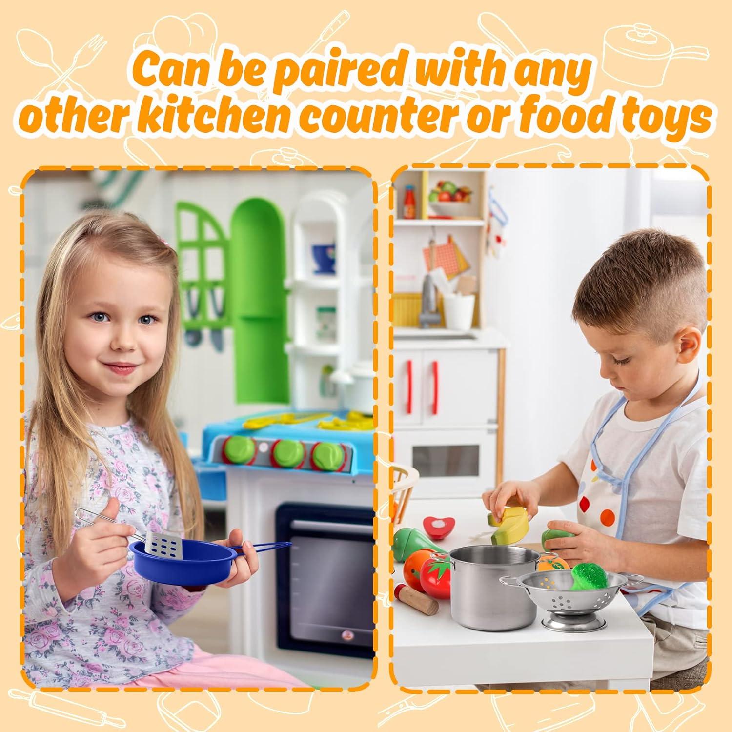 Kids Play Kitchen Toy Accessories Set Toddler Cooking Playset for Girls Boys Including Colorful Pots and Pans (Blue)