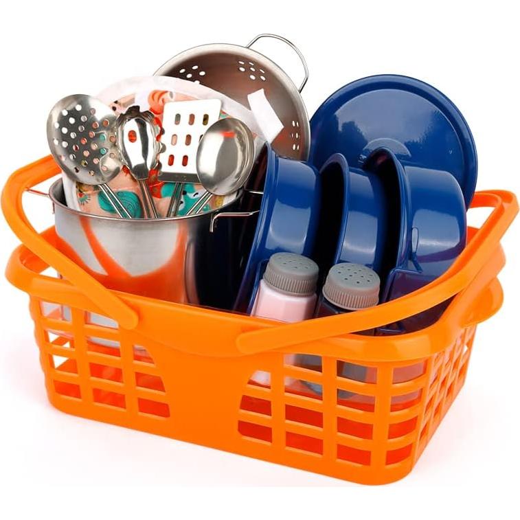 Kids Play Kitchen Toy Accessories Set Toddler Cooking Playset for Girls Boys Including Colorful Pots and Pans (Blue)