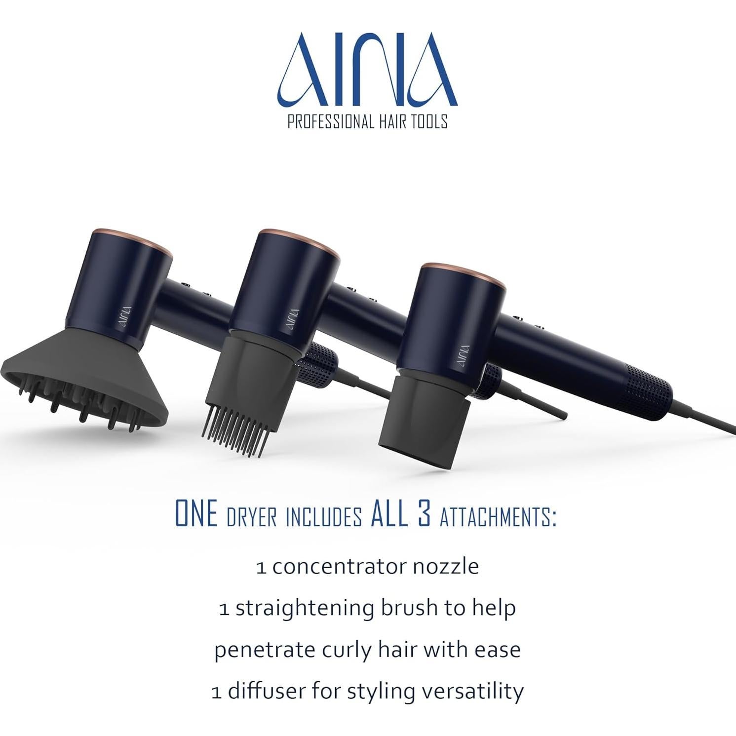 Secador de Pelo AINA X1 - Motor Sin Escobillas 110,000 RPM, 3 Accesorios