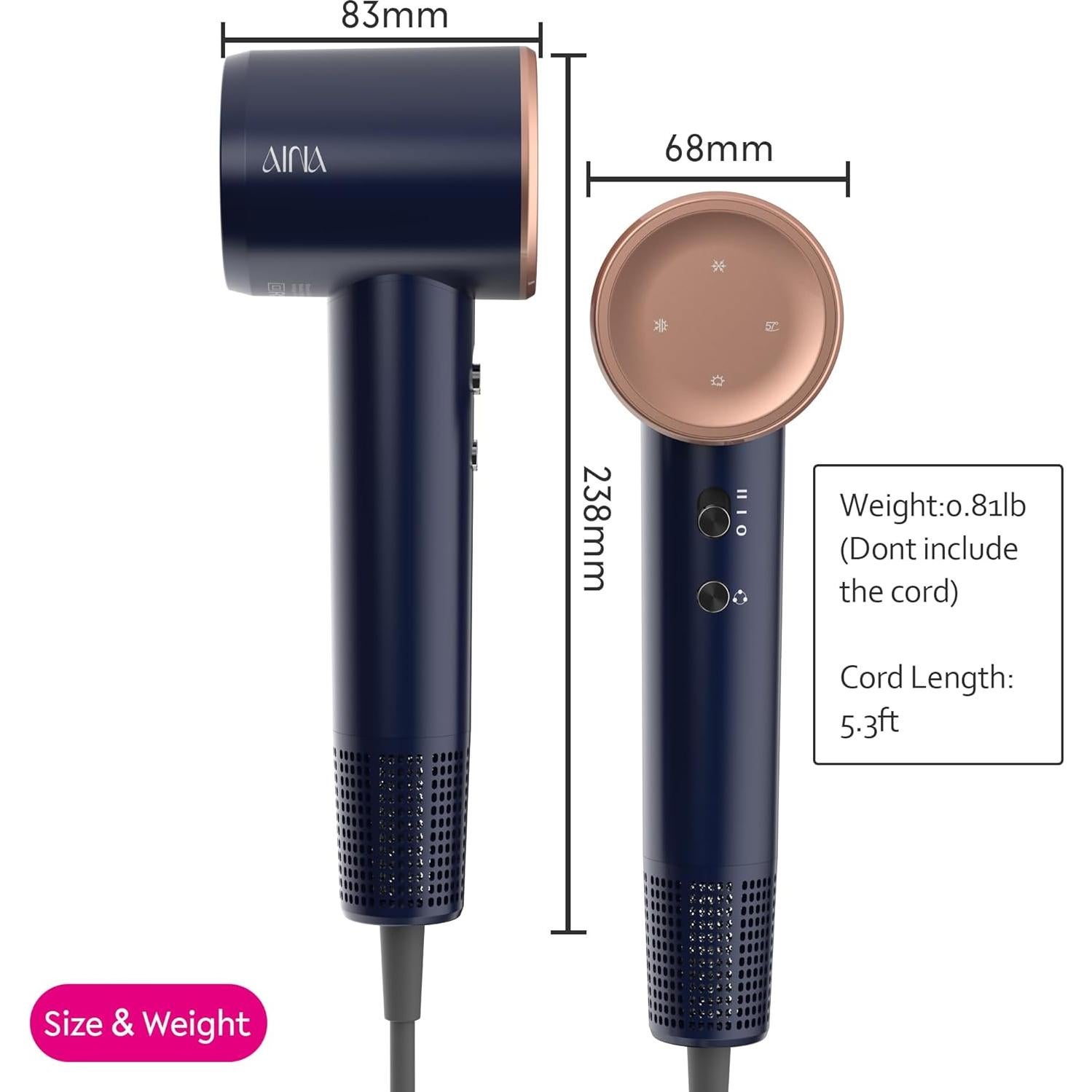 Secador de Pelo AINA X1 - Motor Sin Escobillas 110,000 RPM, 3 Accesorios