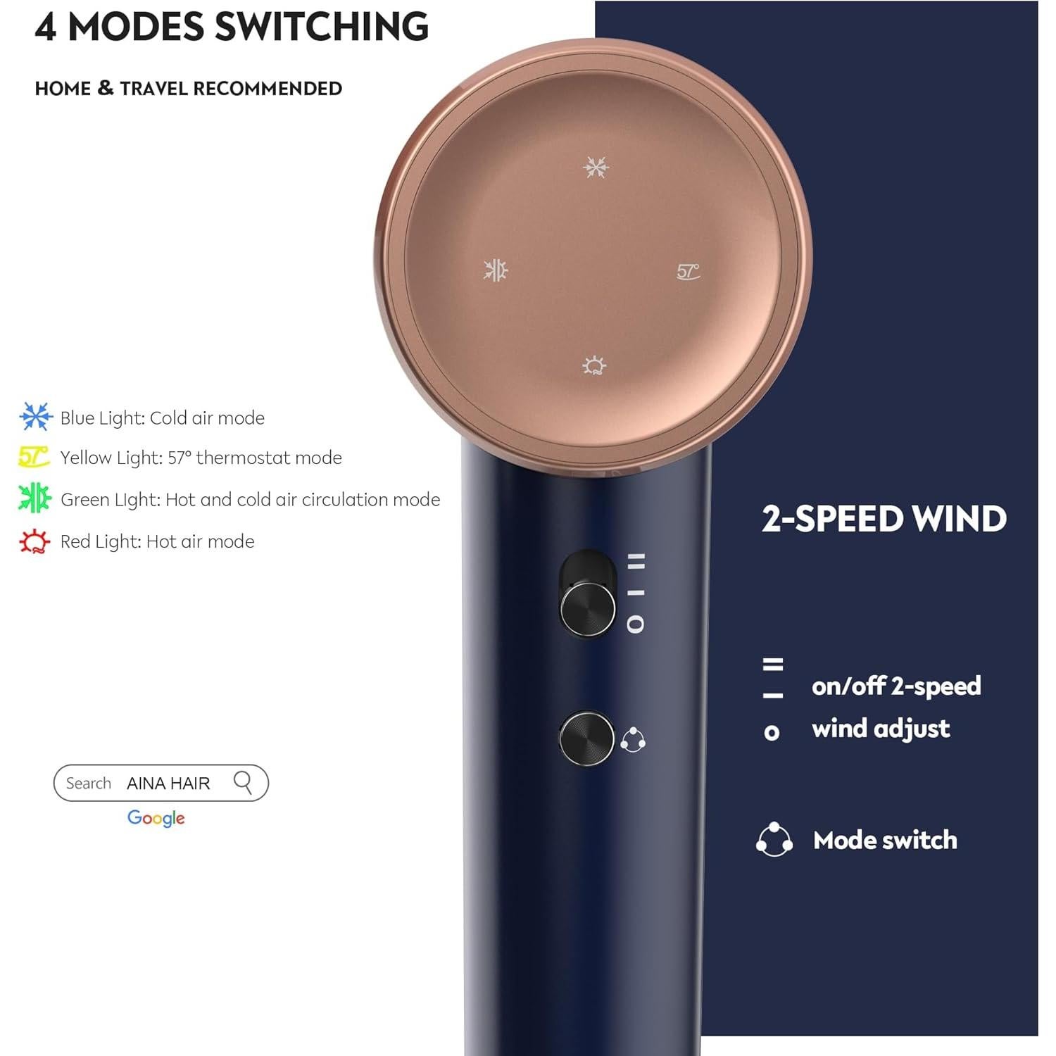 Secador de Pelo AINA X1 - Motor Sin Escobillas 110,000 RPM, 3 Accesorios