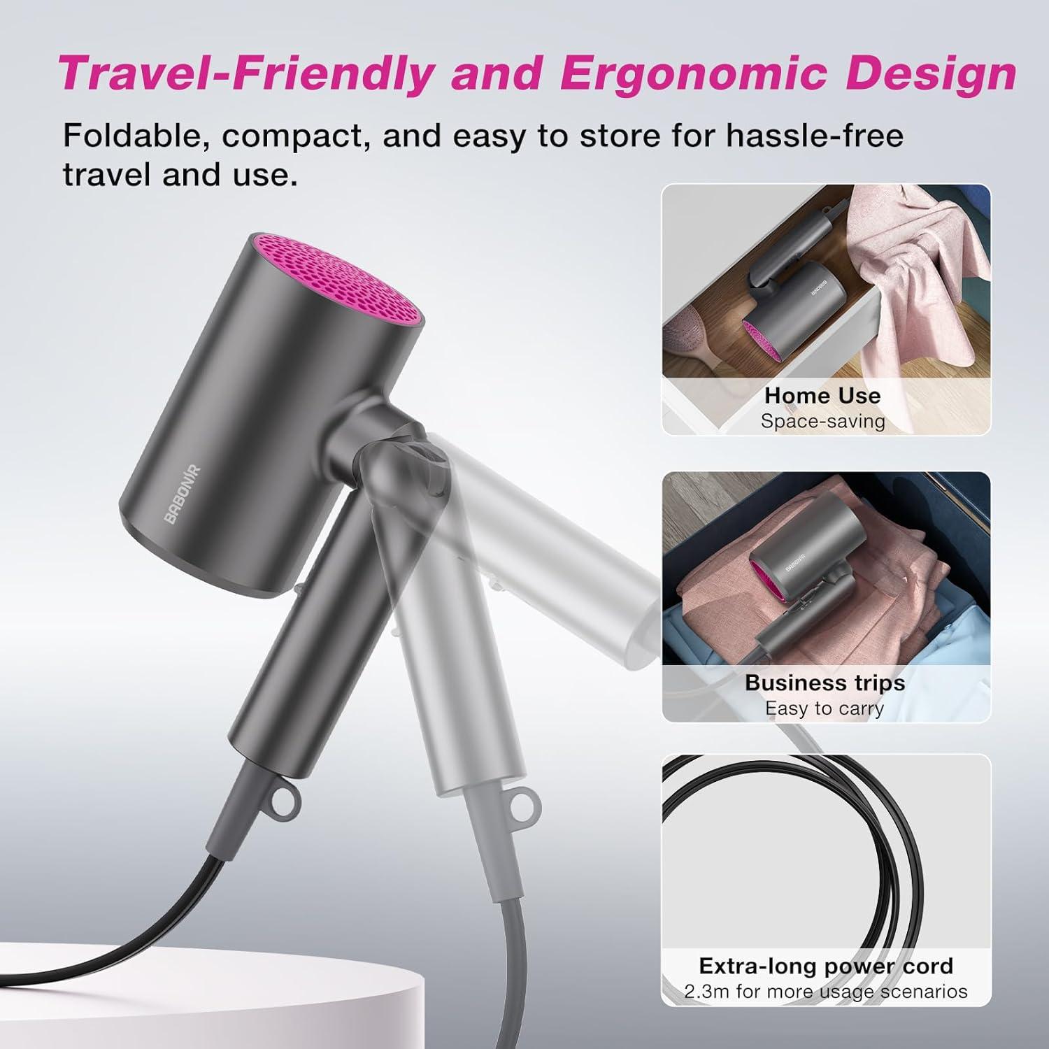 Secador de Pelo Iónico BABONIR 1875W Plegable Negro