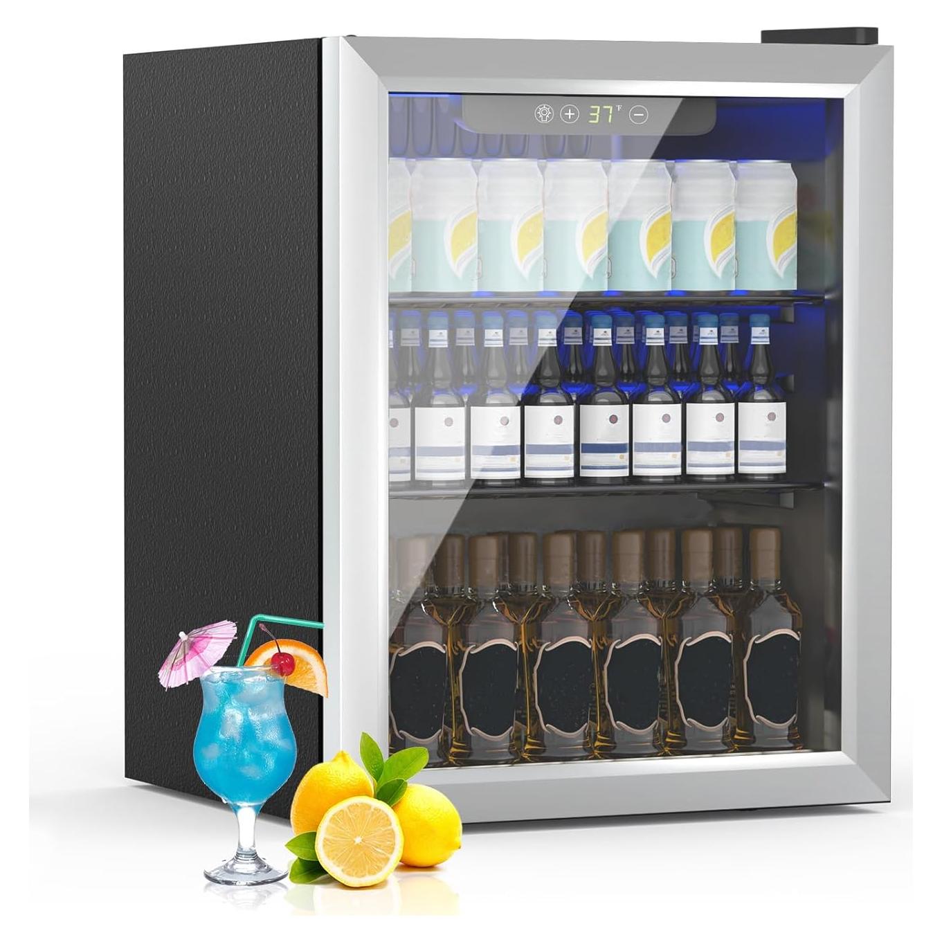Beverage Refrigerator, 1.6 Cubic Feet/70 Can Fridge for Soda Beer or Wine with Adjustable Shelve & LED Display, Small Refrigerator for Home/Bar/Office(Silver)