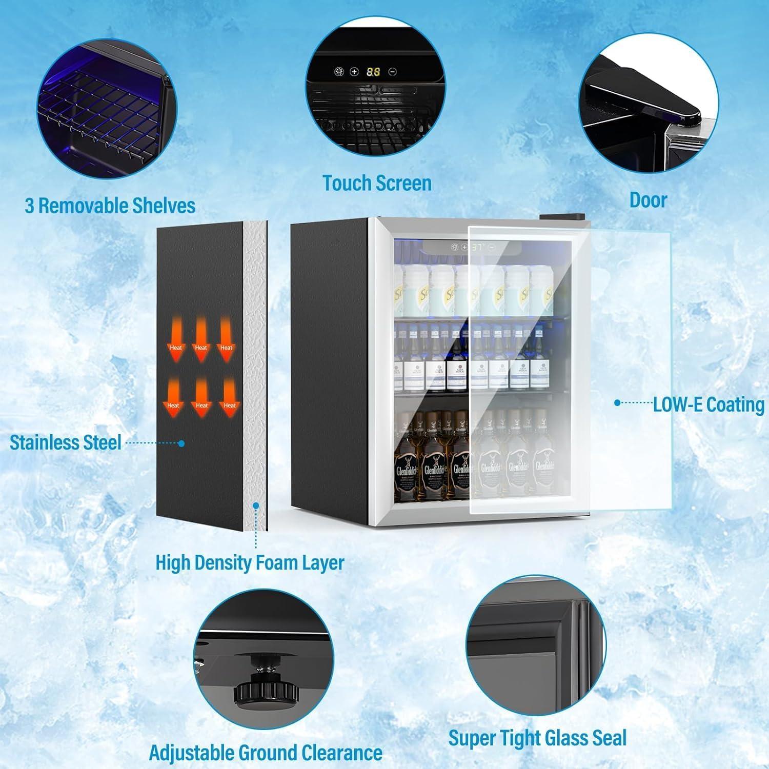 Beverage Refrigerator, 1.6 Cubic Feet/70 Can Fridge for Soda Beer or Wine with Adjustable Shelve & LED Display, Small Refrigerator for Home/Bar/Office(Silver)