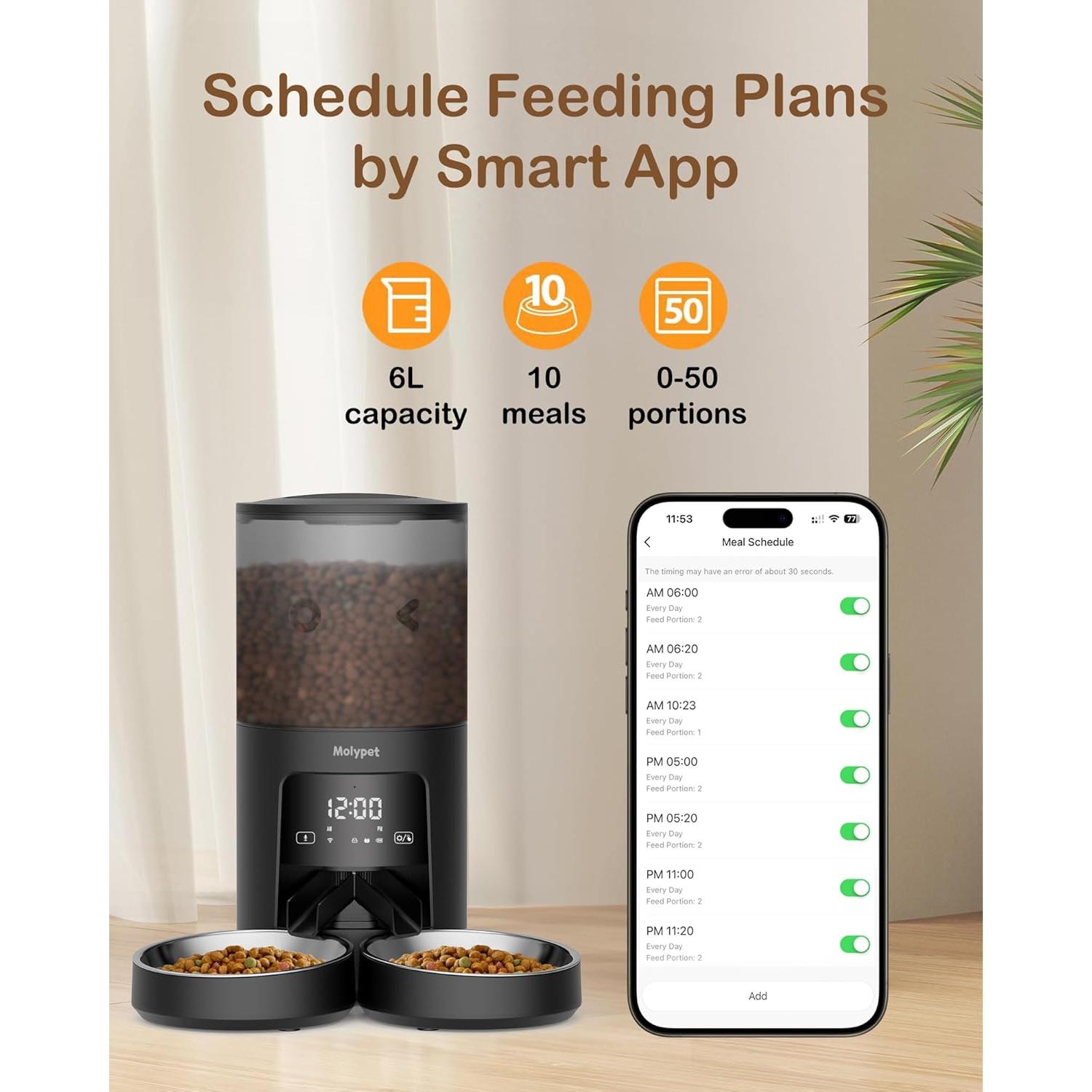 Comedero Automático Molypet 6L WiFi 2 Tazones para Gatos