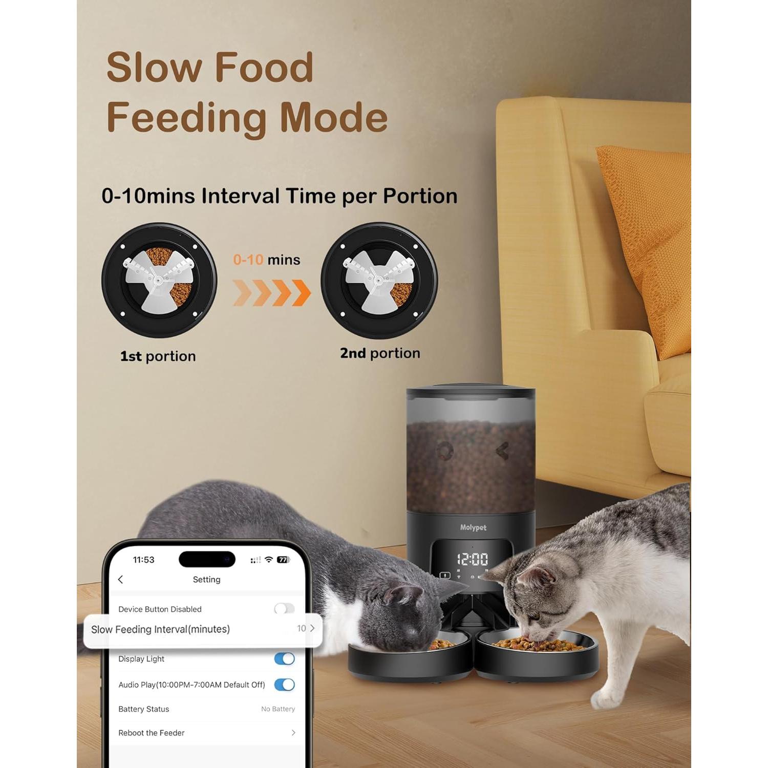 Comedero Automático Molypet 6L WiFi 2 Tazones para Gatos