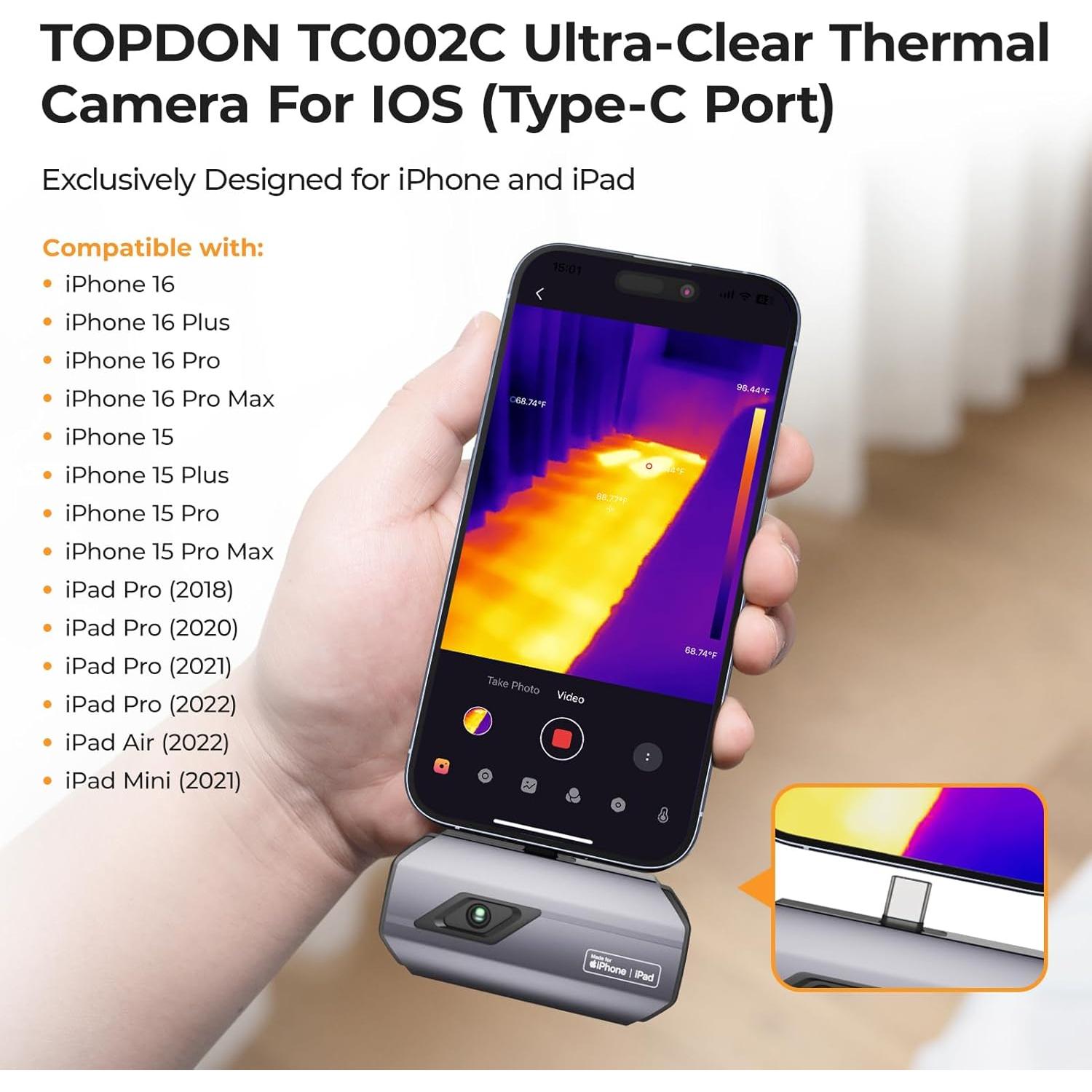 Cámara Térmica TOPDON TC002C, 512x384, USB-C para iPhone