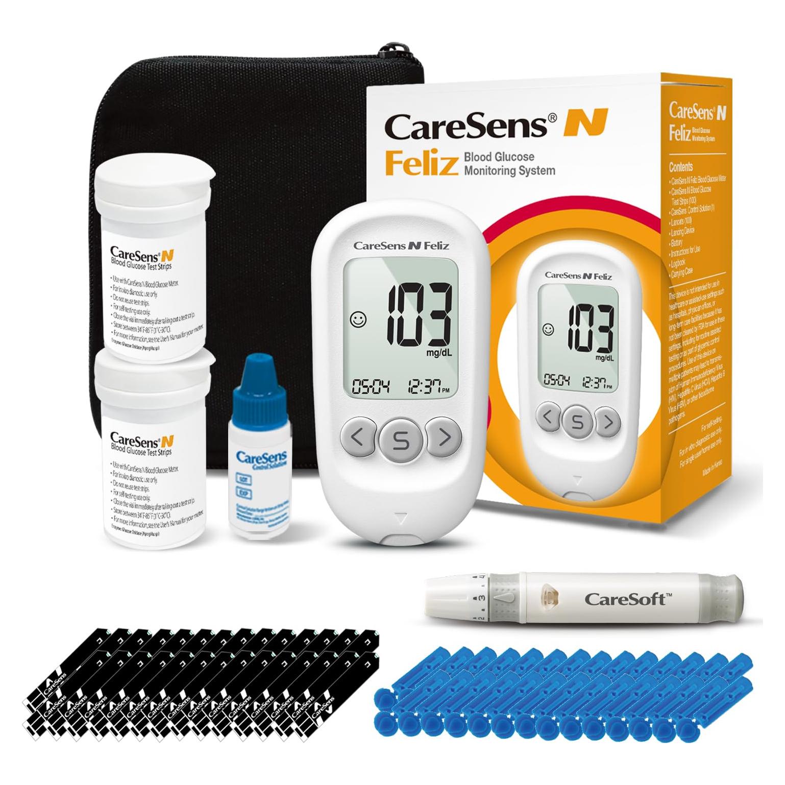 Kit de Monitoreo de Glucosa CareSens N Feliz con 100 Tiras y Lancetas