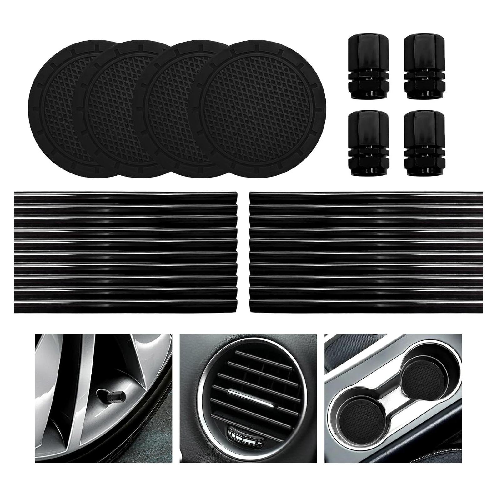 28 PCS Car Interior Parts Set, Decorative Auto Air Conditioning Trim Strip & Hex Auto Tire Stem Cover, Universal Anti-Slip Silicone Vehicle Coasters, Car Accessories (Black)
