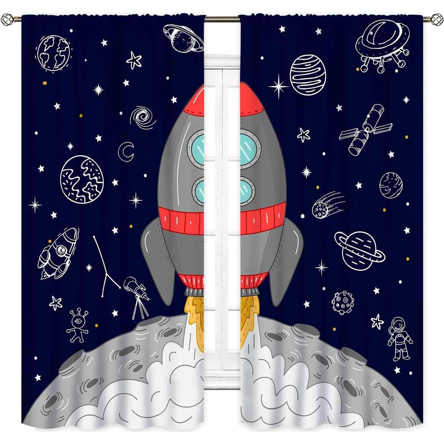 Cortinas Opacas TKUYO para Niños Cohete Galaxia 2 Paneles 53x114 cm