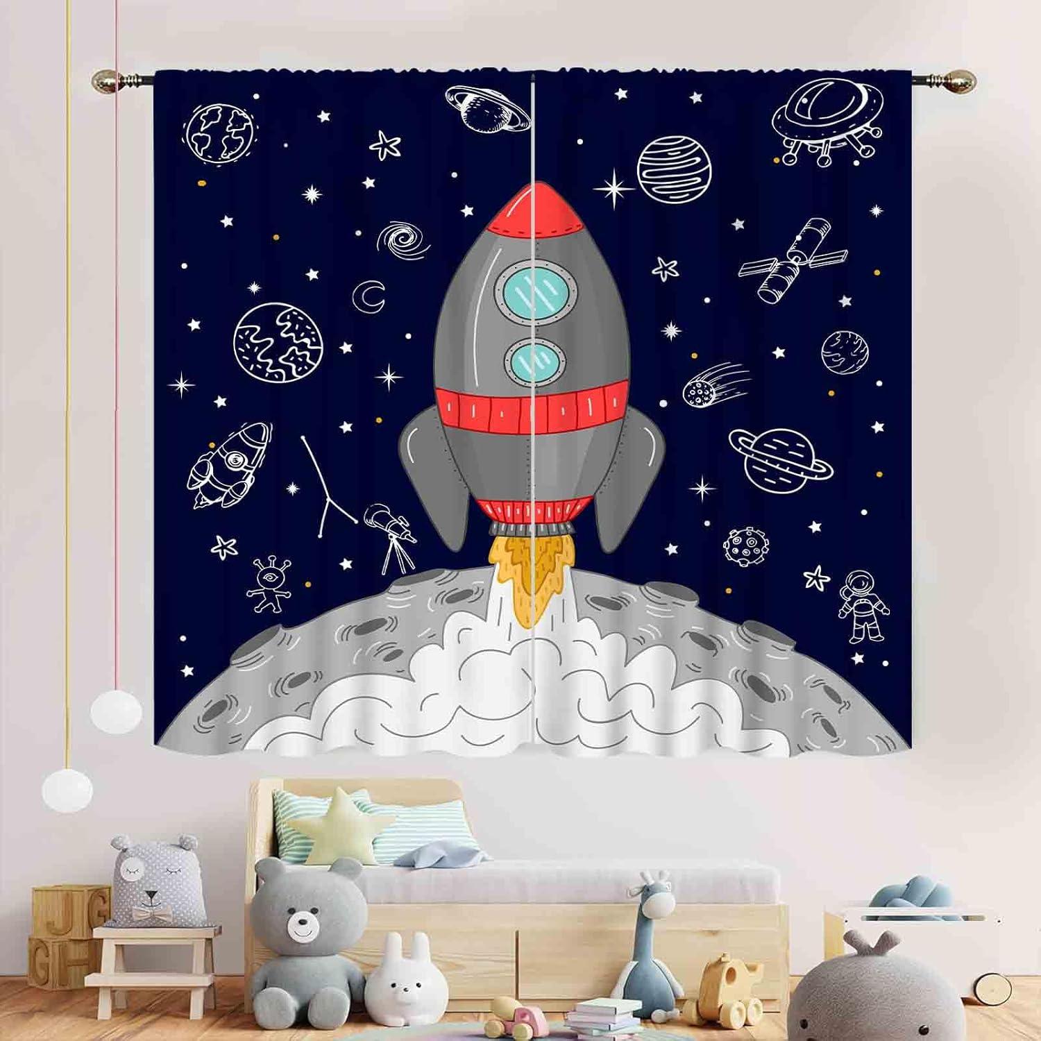Cortinas Opacas TKUYO para Niños Cohete Galaxia 2 Paneles 53x114 cm