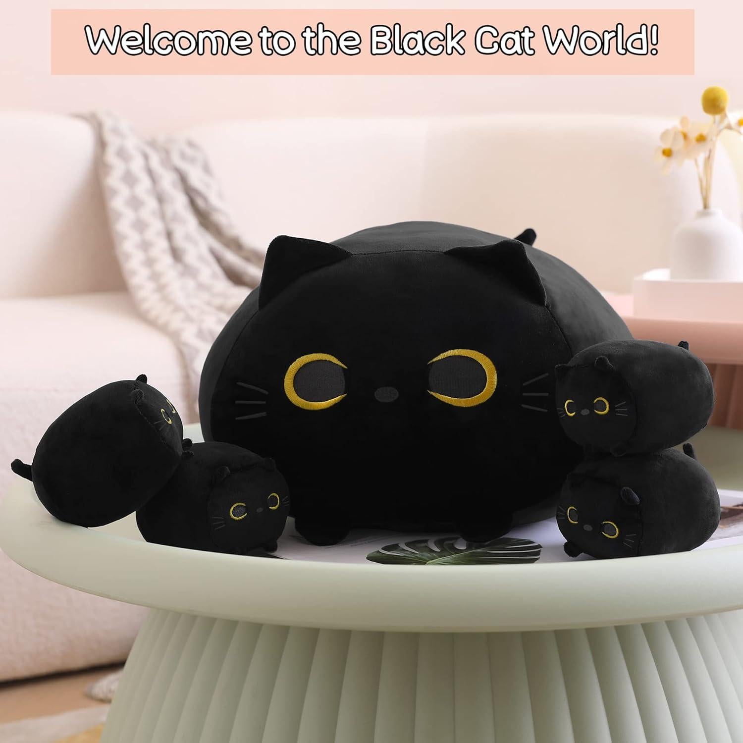 Almohada de Peluche Gato Negro SQEQE con 4 Gatitos 39.9x30x24.9cm