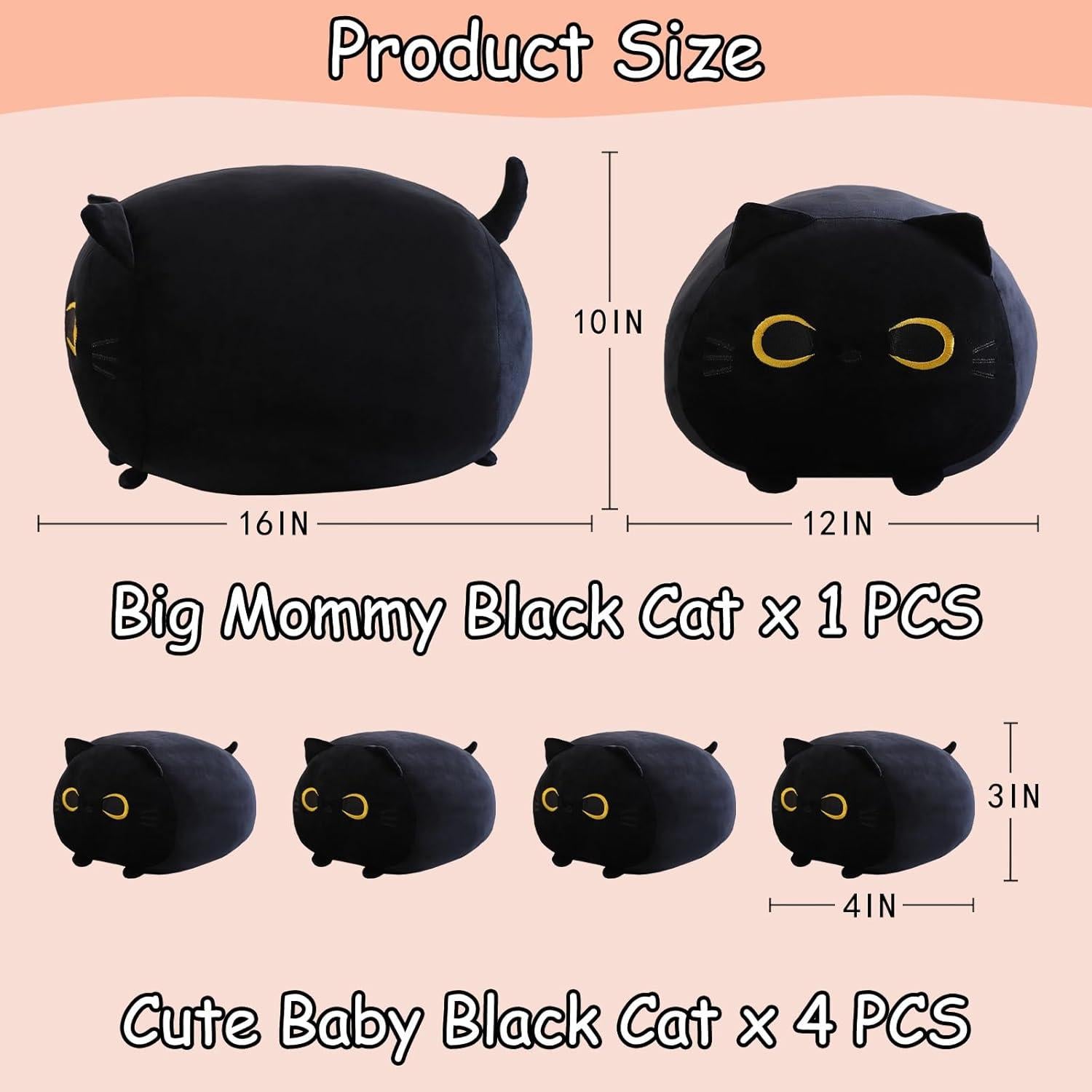 Almohada de Peluche Gato Negro SQEQE con 4 Gatitos 39.9x30x24.9cm