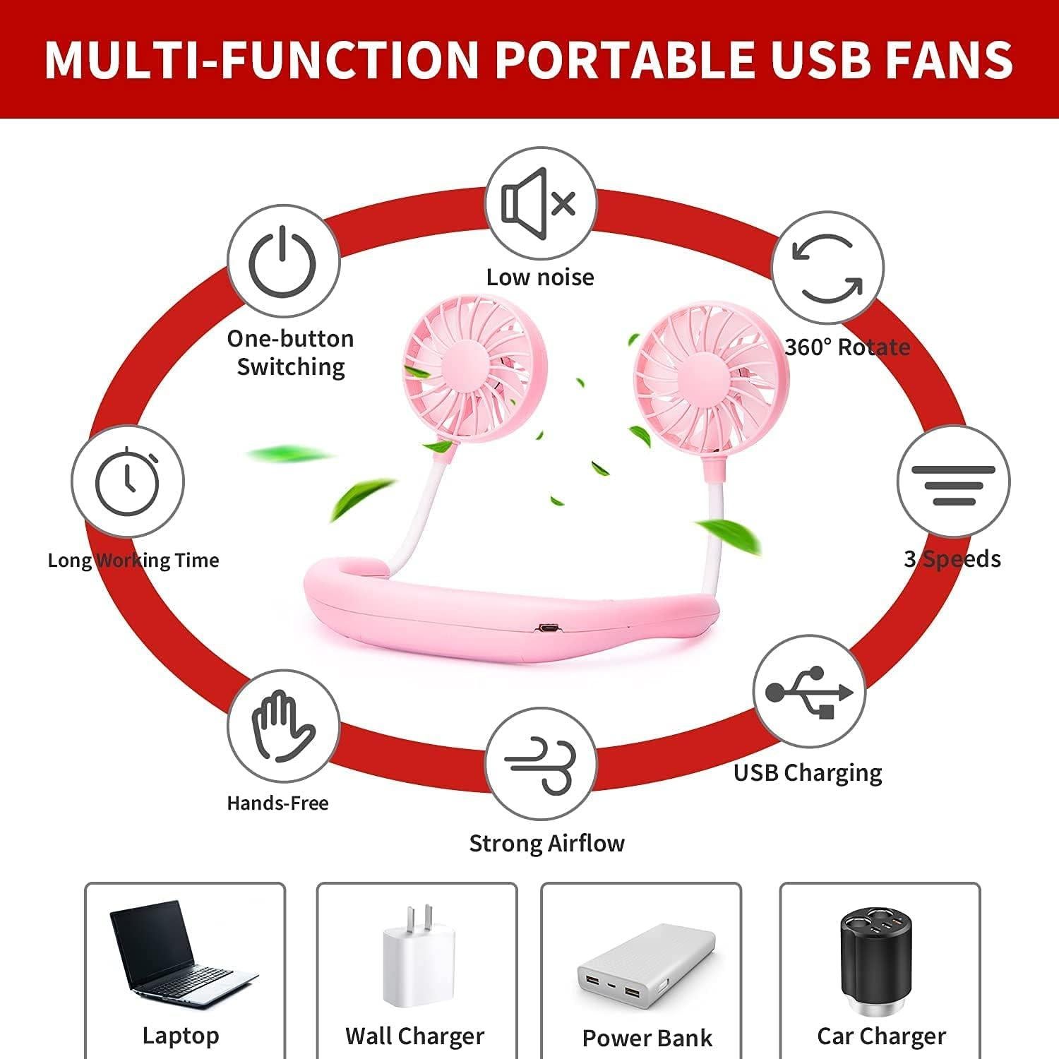 Ventilador de Cuello Portátil JUANANIUG Recargable 3 Velocidades