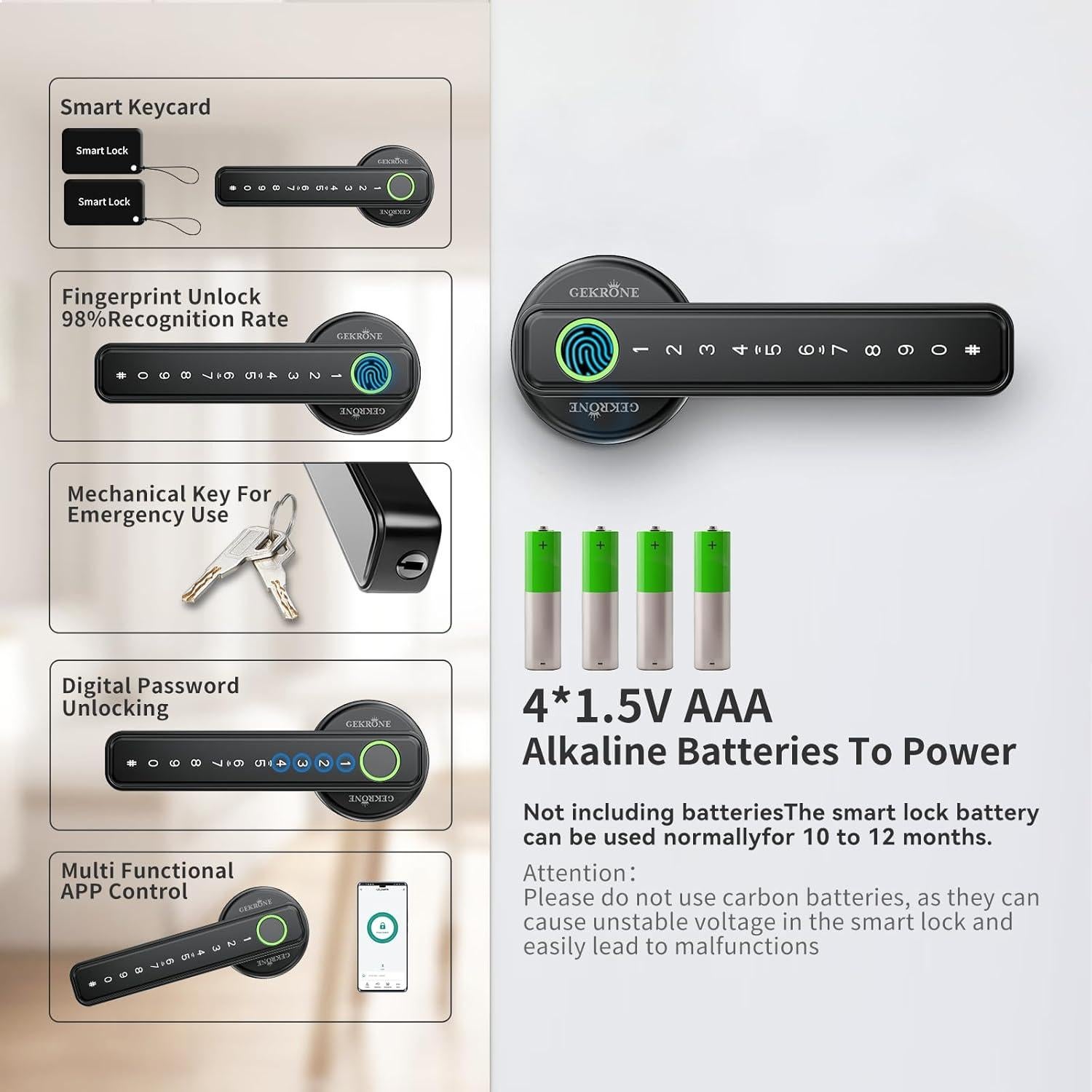 Cerradura Inteligente GEKRONE T190 Biométrica Bluetooth Negra
