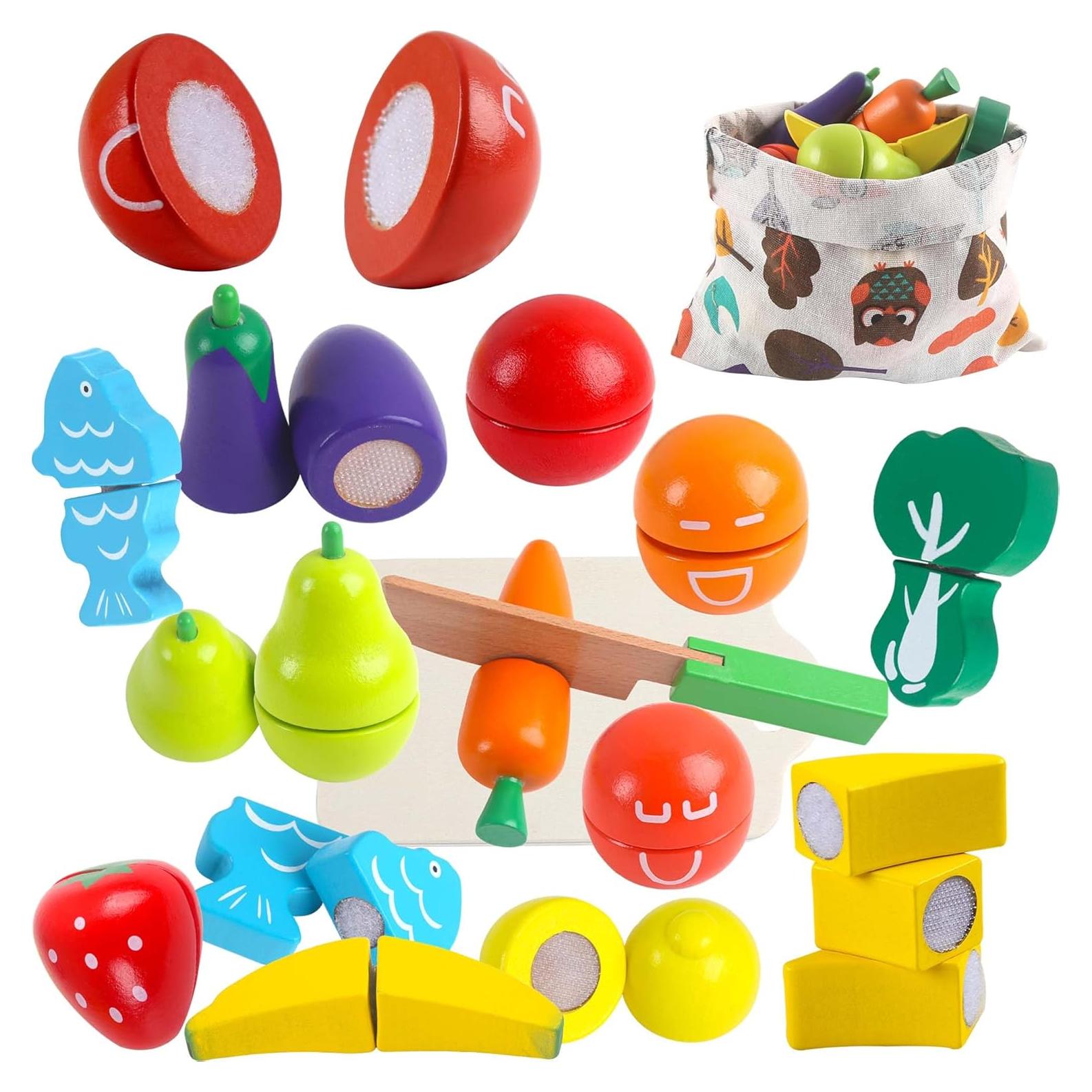 newlng Wooden Play Food Toys Fruits and Vegetables for Toddlers Cutting Fruits and Vegetables Food Toys Food Cutting Toys Best Gift for Christmas Birthday with Reusable Storage Bag