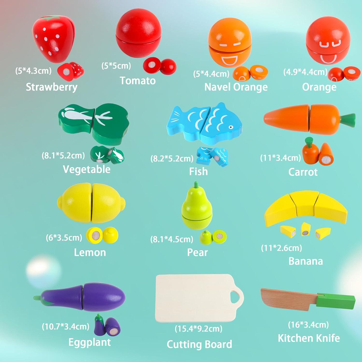 newlng Wooden Play Food Toys Fruits and Vegetables for Toddlers Cutting Fruits and Vegetables Food Toys Food Cutting Toys Best Gift for Christmas Birthday with Reusable Storage Bag