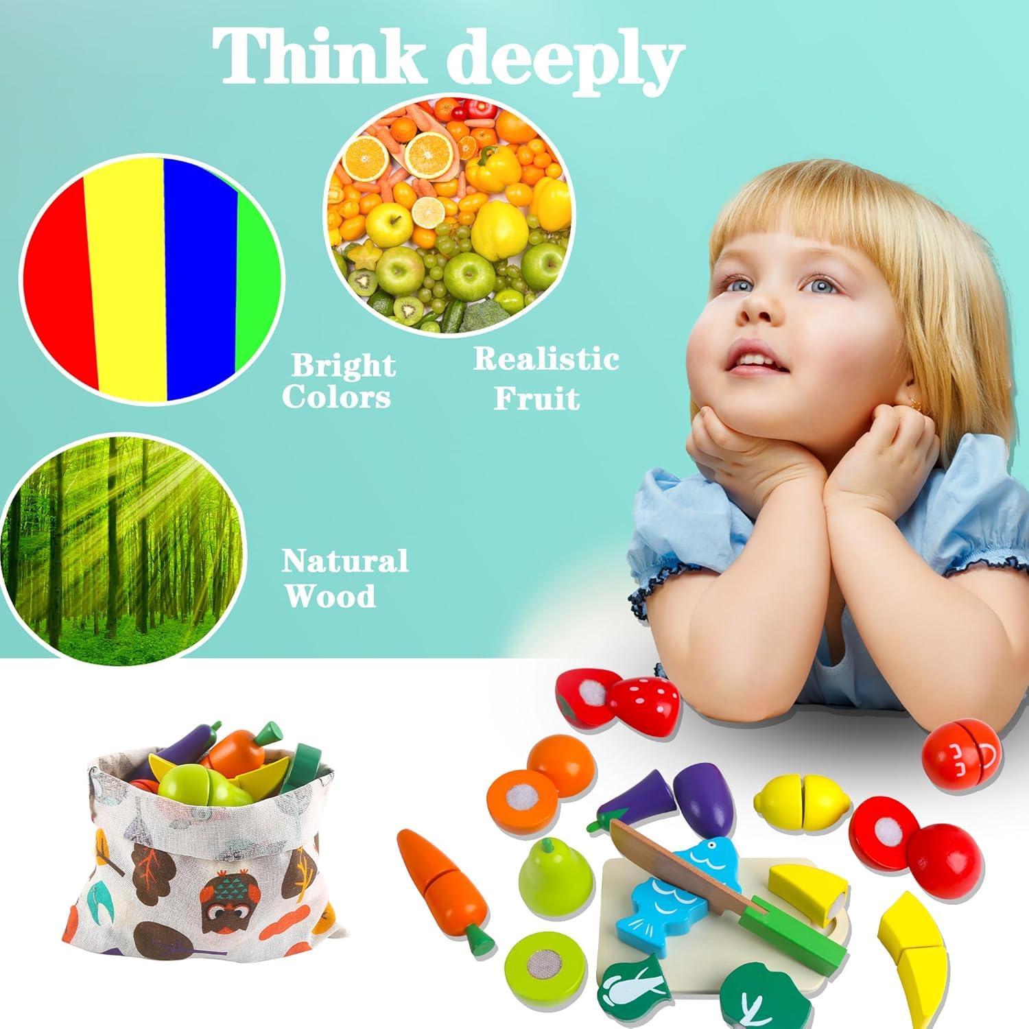 newlng Wooden Play Food Toys Fruits and Vegetables for Toddlers Cutting Fruits and Vegetables Food Toys Food Cutting Toys Best Gift for Christmas Birthday with Reusable Storage Bag