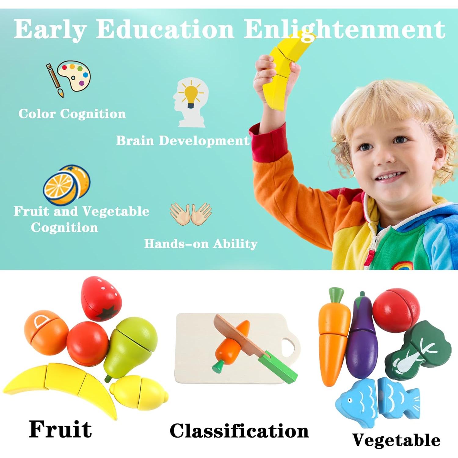 newlng Wooden Play Food Toys Fruits and Vegetables for Toddlers Cutting Fruits and Vegetables Food Toys Food Cutting Toys Best Gift for Christmas Birthday with Reusable Storage Bag