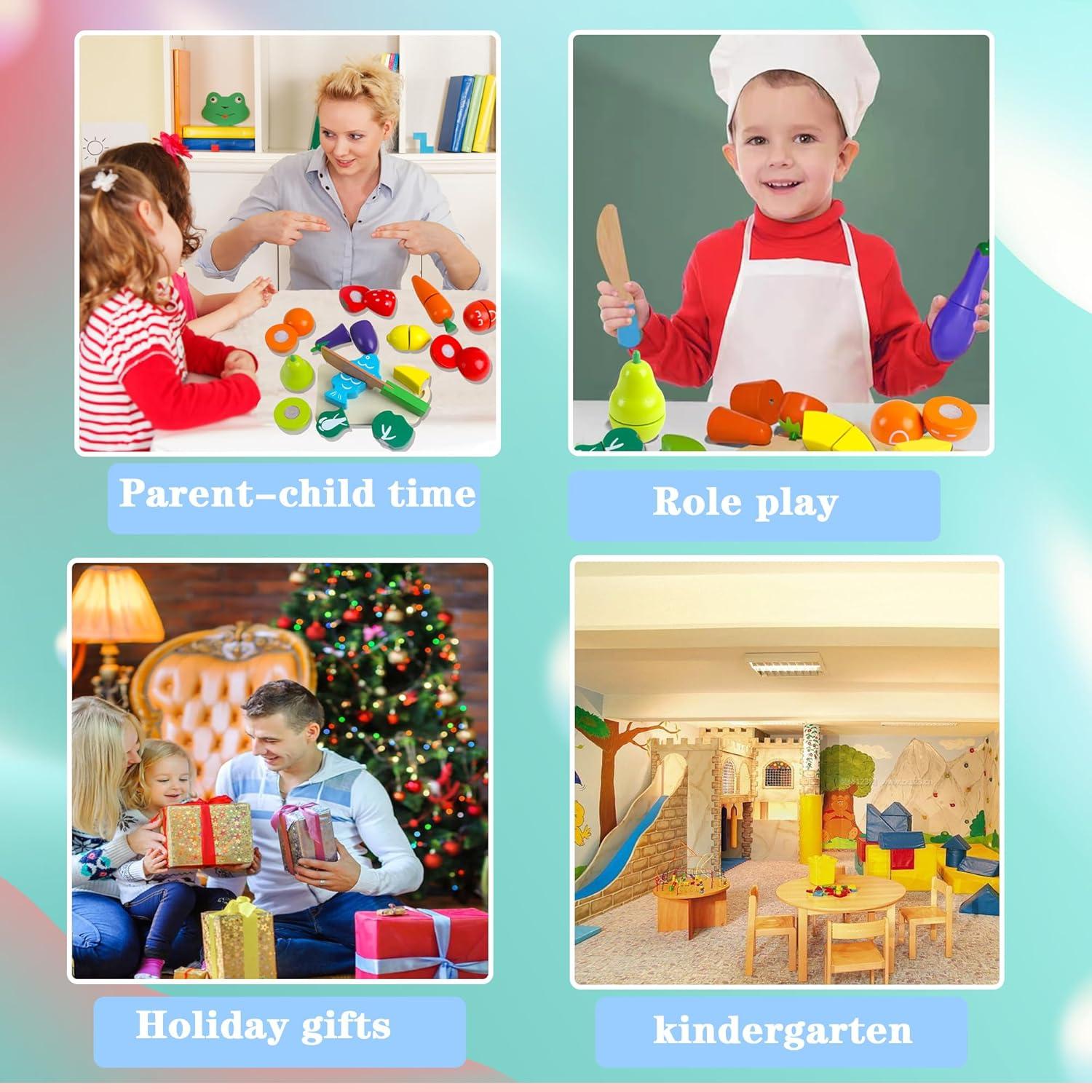 newlng Wooden Play Food Toys Fruits and Vegetables for Toddlers Cutting Fruits and Vegetables Food Toys Food Cutting Toys Best Gift for Christmas Birthday with Reusable Storage Bag