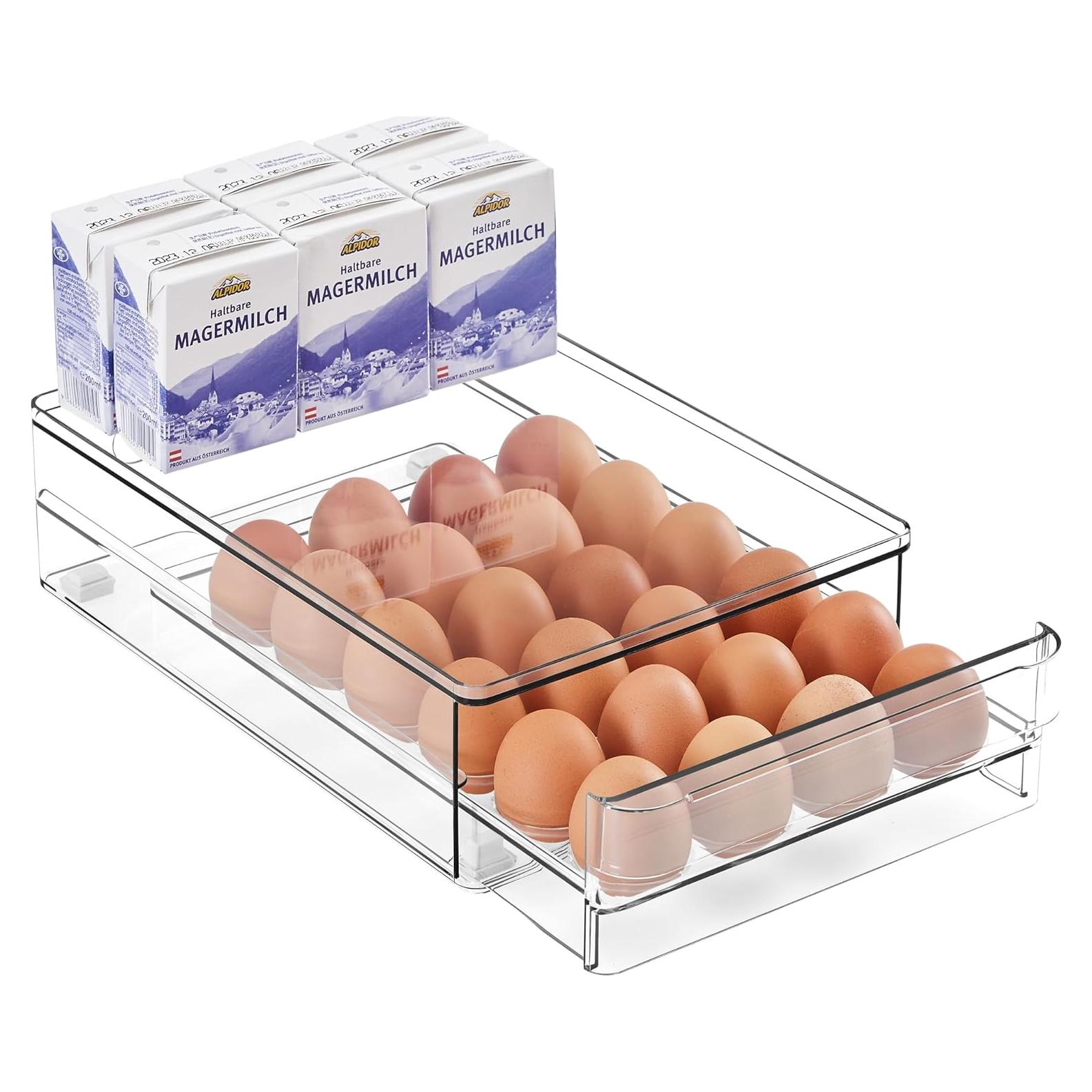 vacane 24 Egg Drawer for Fridge, Pull Out Egg Storage Container with Non-Slip Pads Refrigerator Organizer Bins Clear Egg Holder, Egg Tray-Bpa Free Egg Organizer