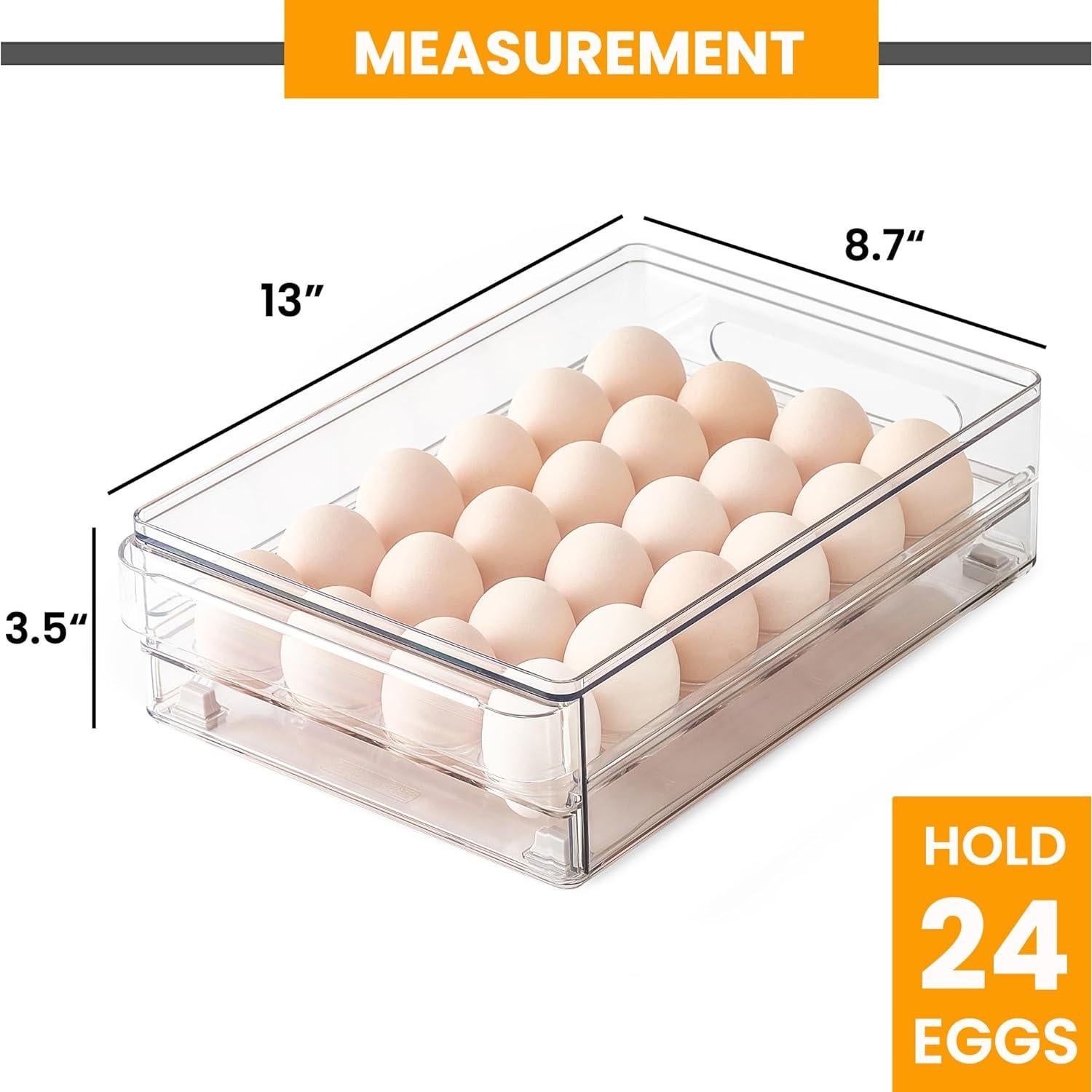 vacane 24 Egg Drawer for Fridge, Pull Out Egg Storage Container with Non-Slip Pads Refrigerator Organizer Bins Clear Egg Holder, Egg Tray-Bpa Free Egg Organizer