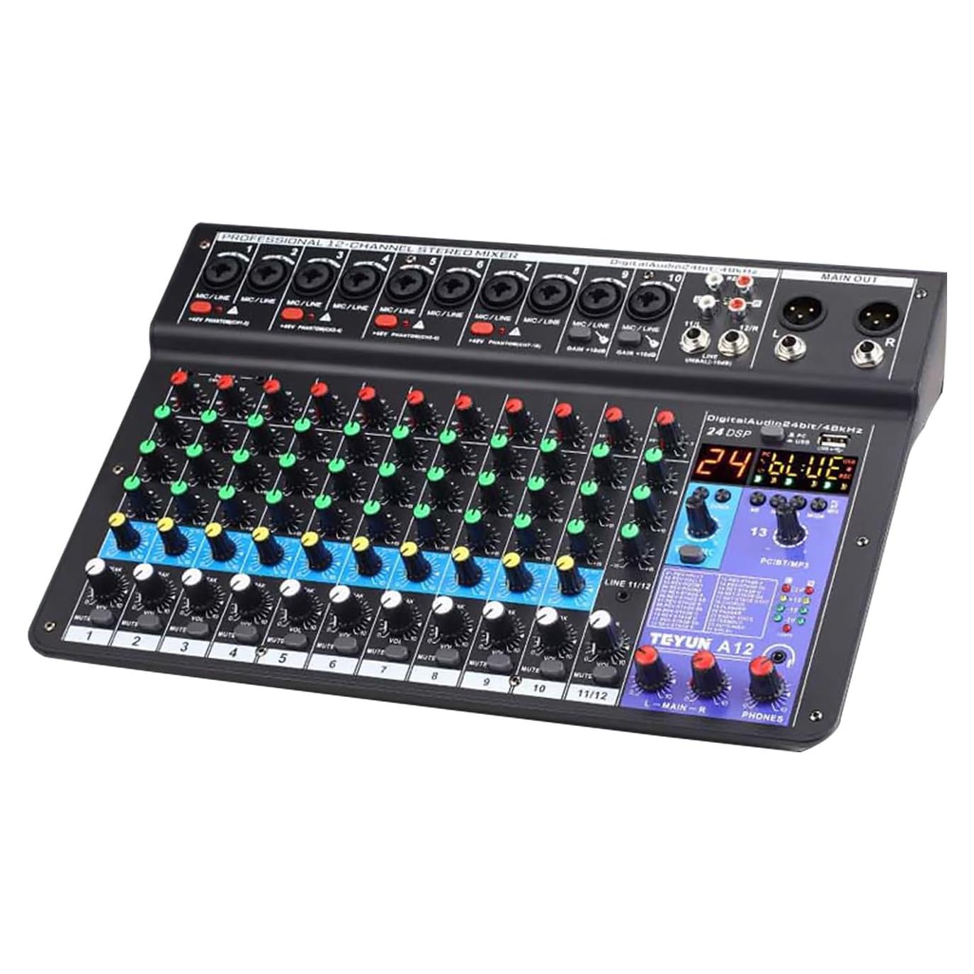 Mezclador DJ Micfuns A12 12 Canales Bluetooth 48V USB