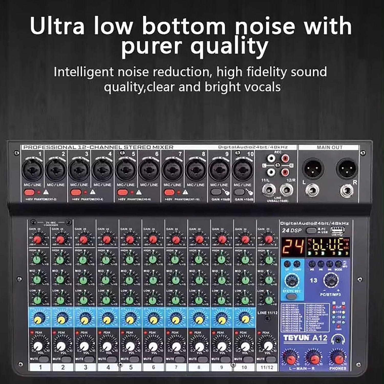 Mezclador DJ Micfuns A12 12 Canales Bluetooth 48V USB