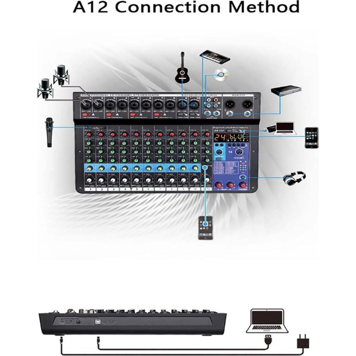 Mezclador DJ Micfuns A12 12 Canales Bluetooth 48V USB