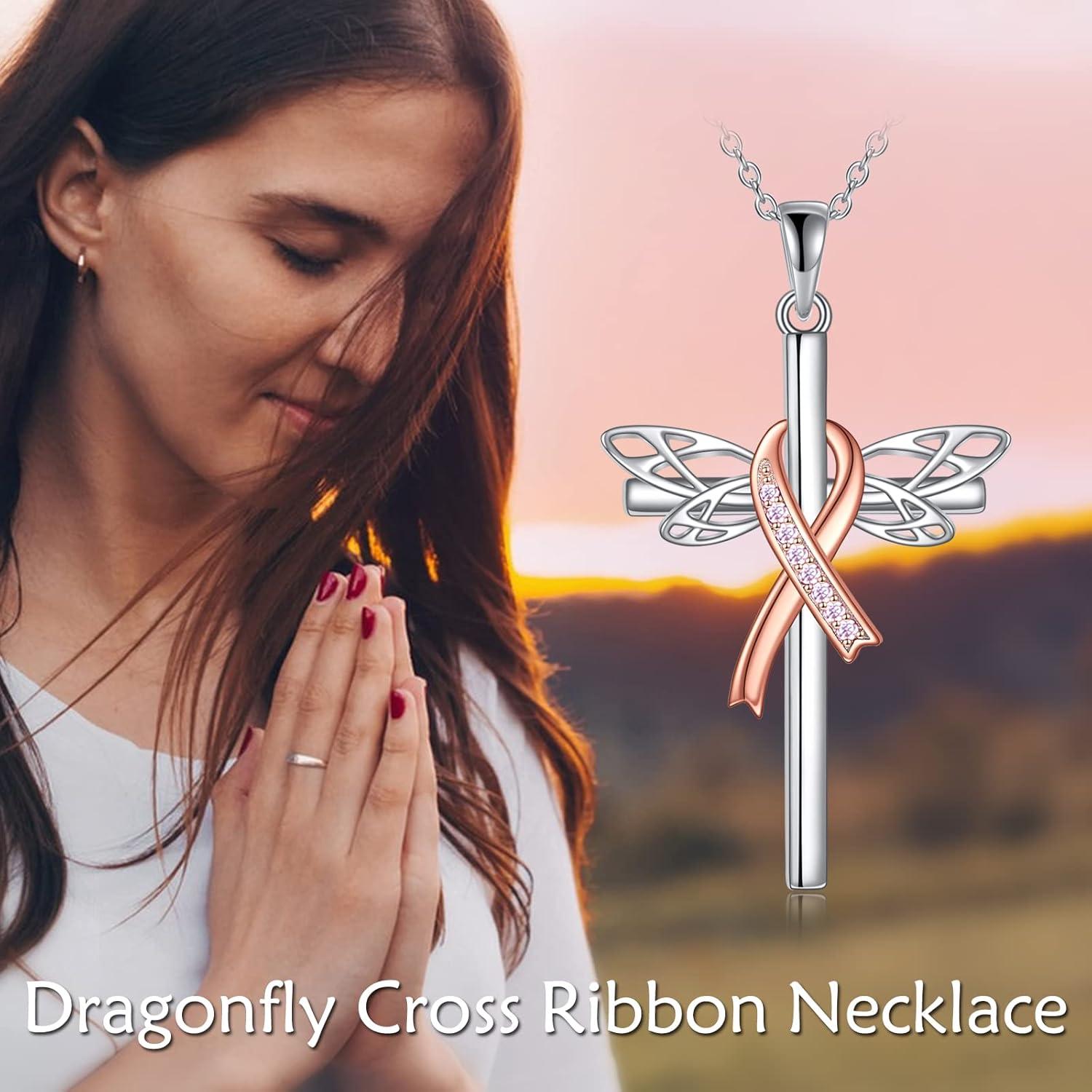Collar de Cáncer de Mama DAYLINLOVE Libélula Cinta Rosa 45,72 cm