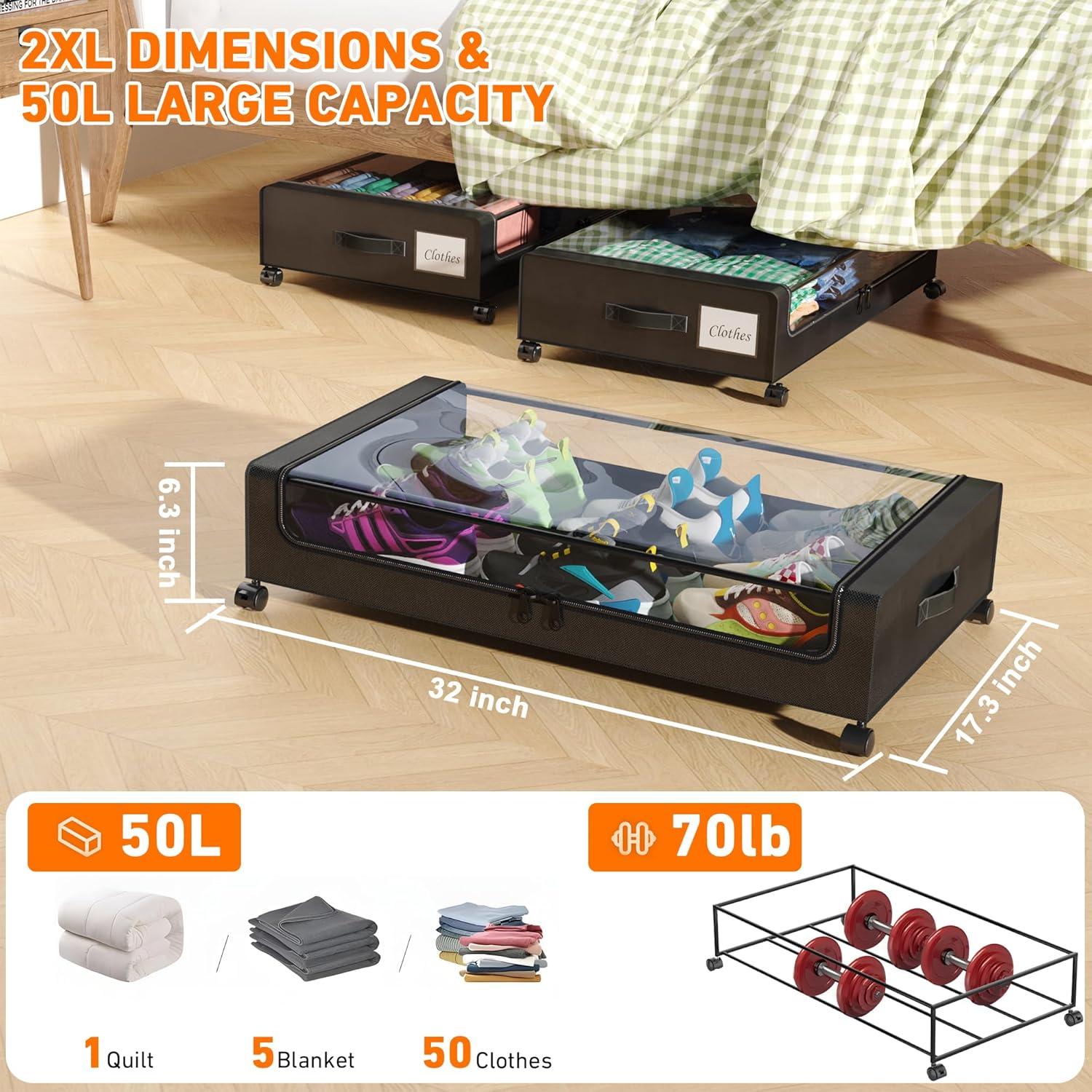 Contenedor de Almacenamiento Bajo la Cama DGFCK 60L Negro 2 Pack