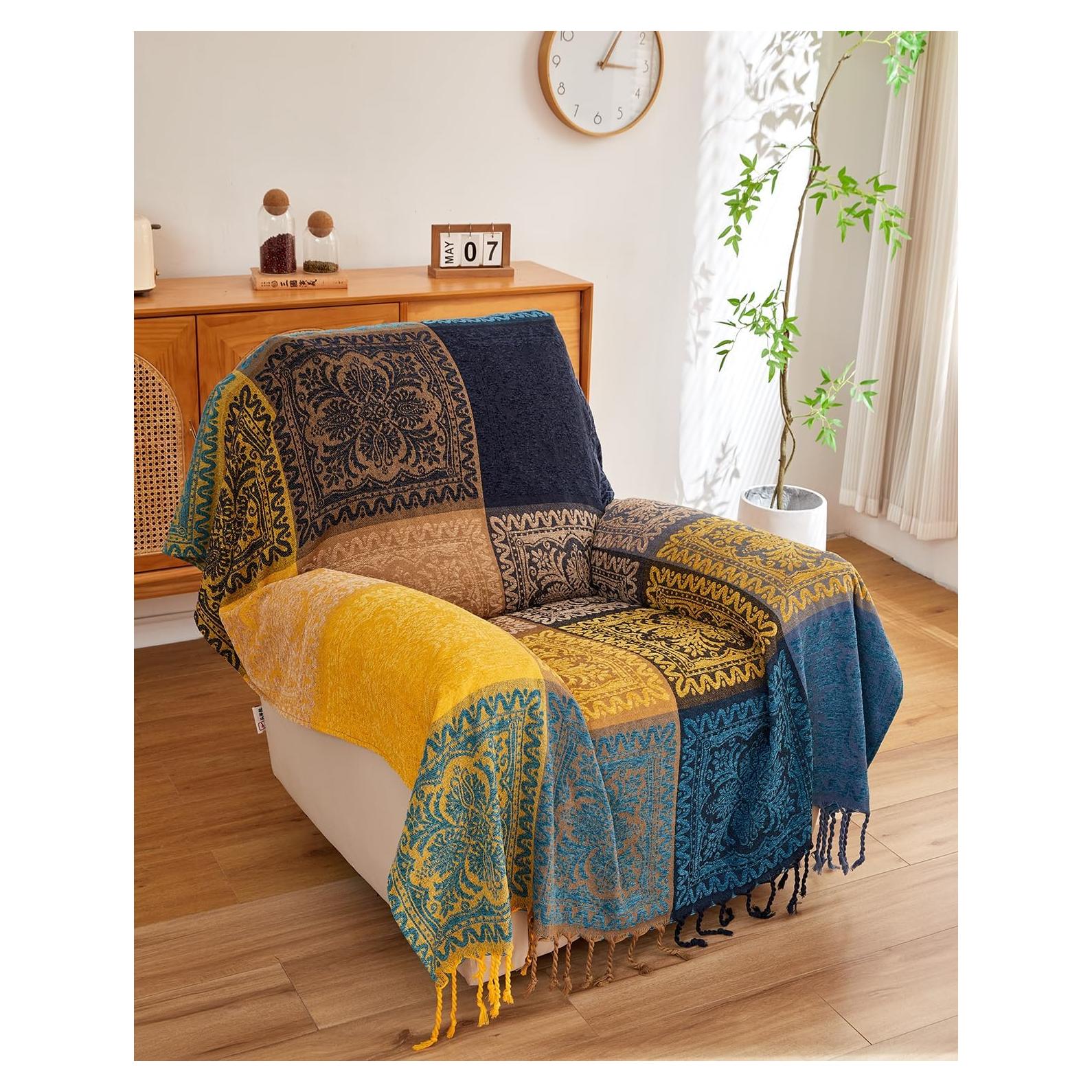 Manta Bohemia AIVIA 152x190 cm Chenilla Azul Verde Amarillo