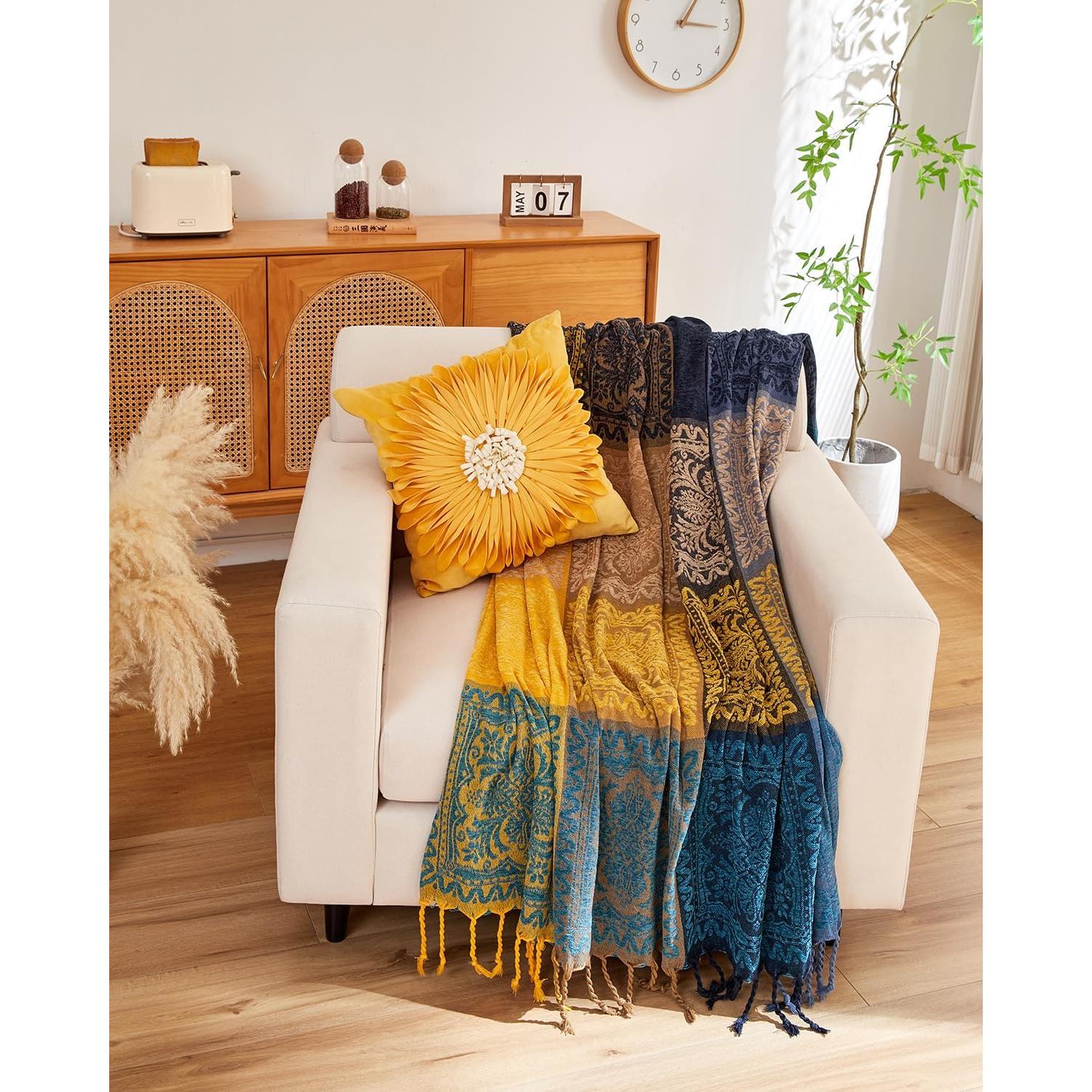 Manta Bohemia AIVIA 152x190 cm Chenilla Azul Verde Amarillo