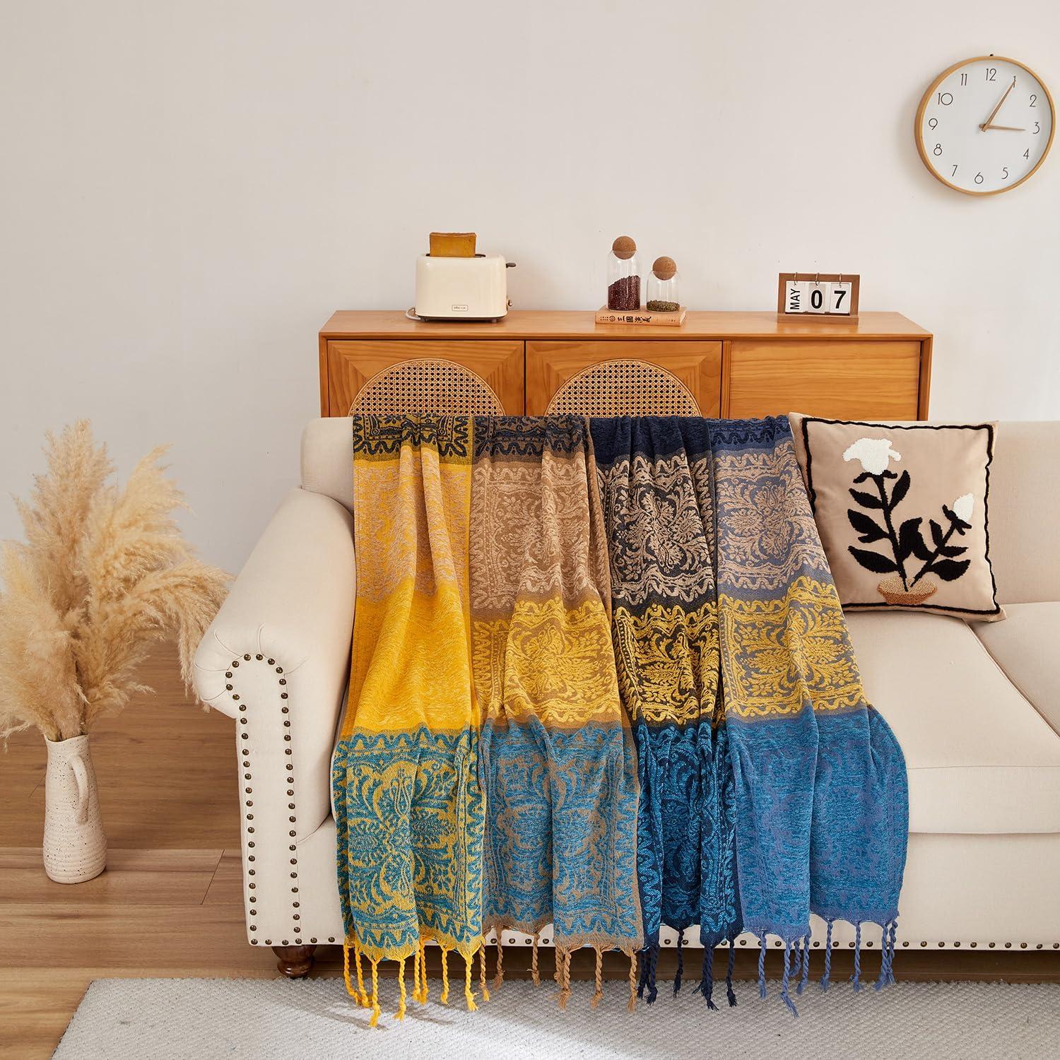 Manta Bohemia AIVIA 152x190 cm Chenilla Azul Verde Amarillo