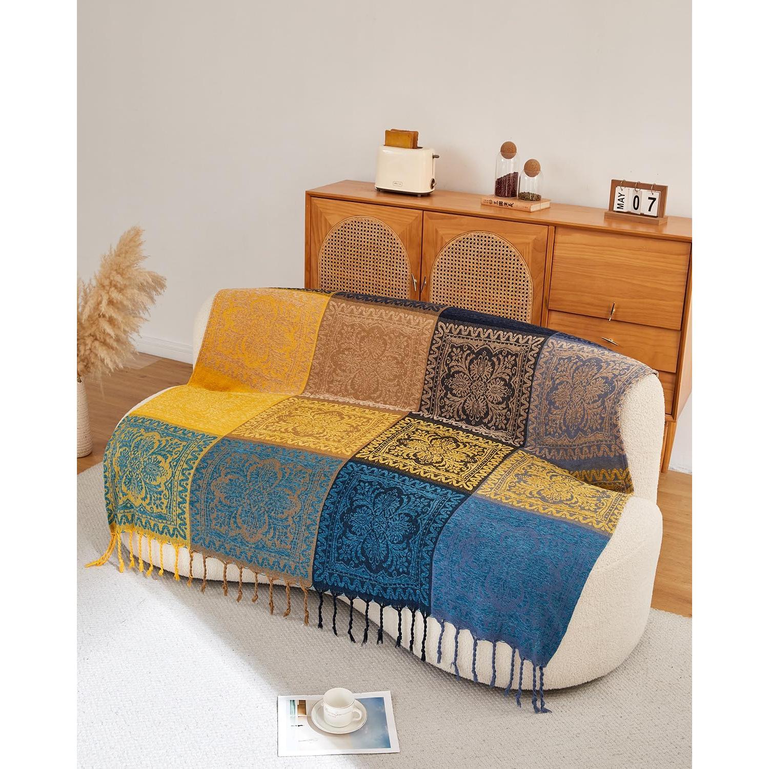 Manta Bohemia AIVIA 152x190 cm Chenilla Azul Verde Amarillo