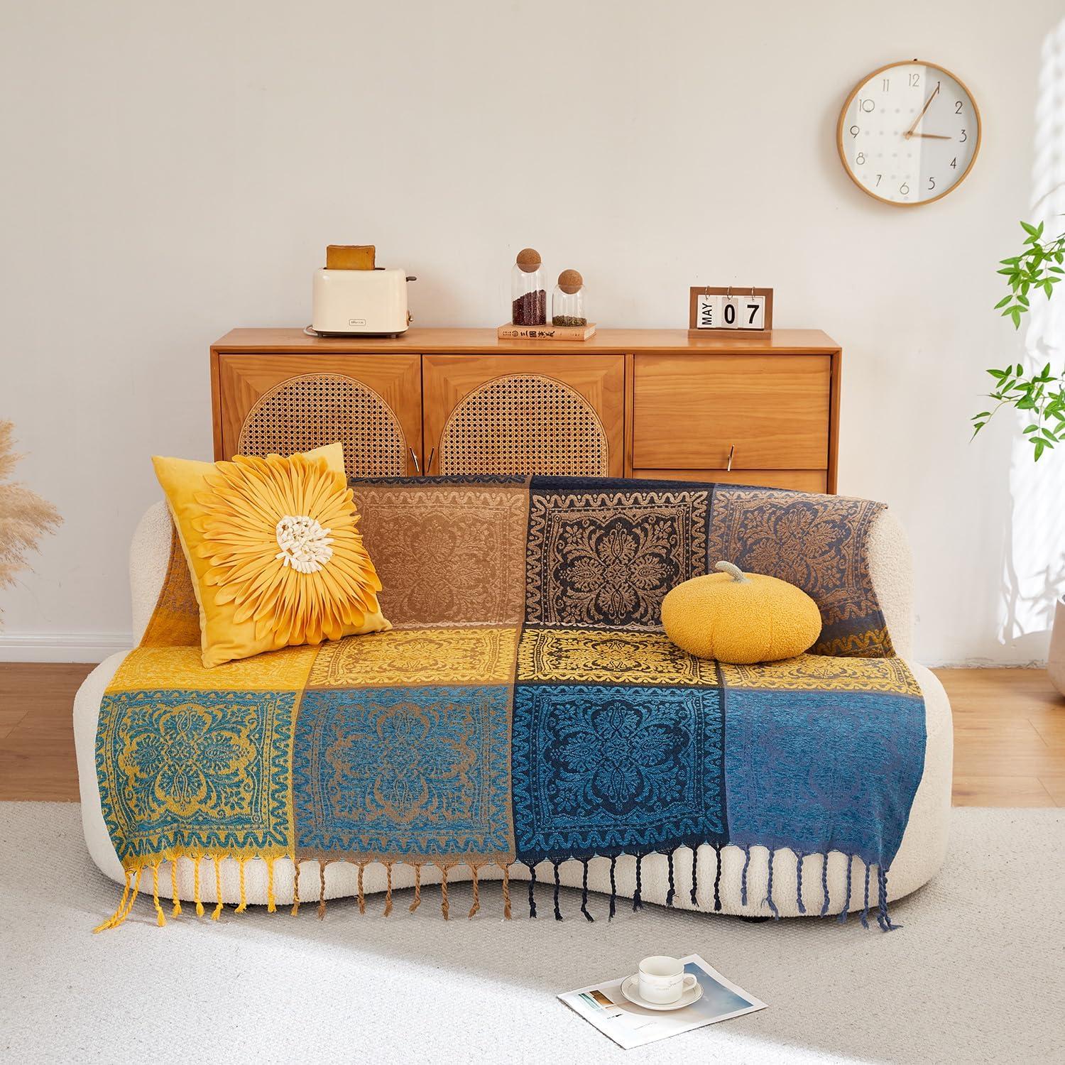 Manta Bohemia AIVIA 152x190 cm Chenilla Azul Verde Amarillo