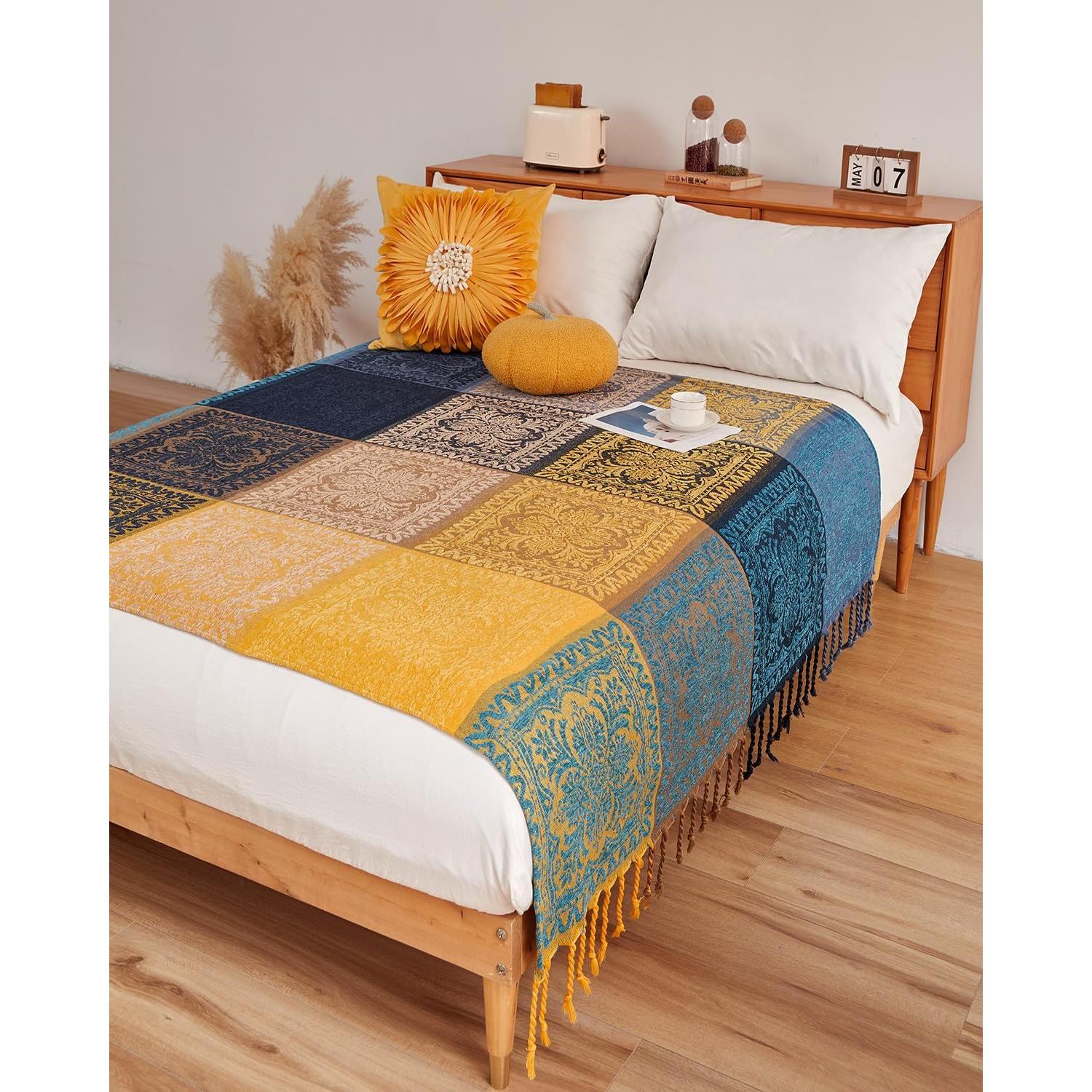 Manta Bohemia AIVIA 152x190 cm Chenilla Azul Verde Amarillo