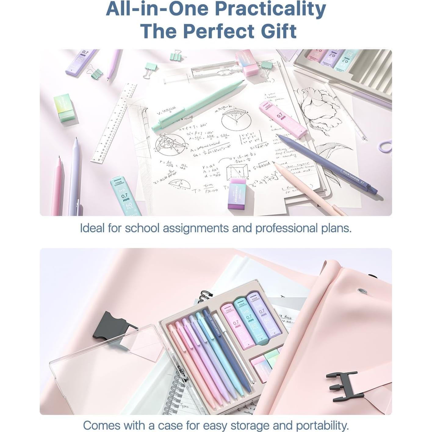 Lápices Mecánicos Four Candies 0.7mm + Borradores Pastel