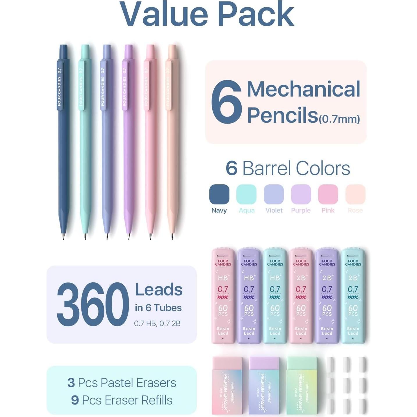 Lápices Mecánicos Four Candies 0.7mm + Borradores Pastel