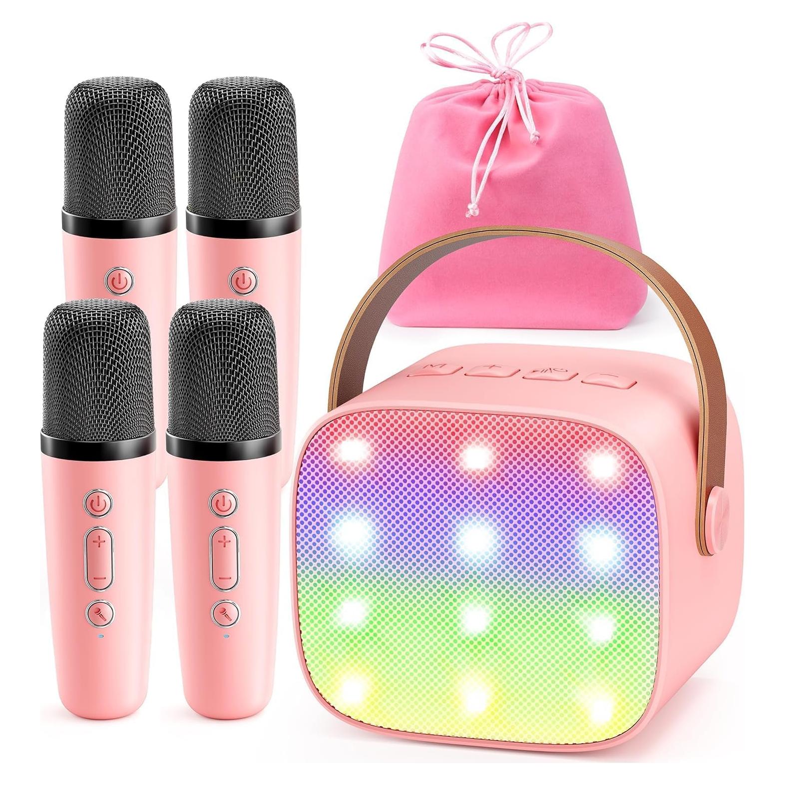 YLL Mini Máquina de Karaoke Rosa con 4 Micrófonos Inalámbricos